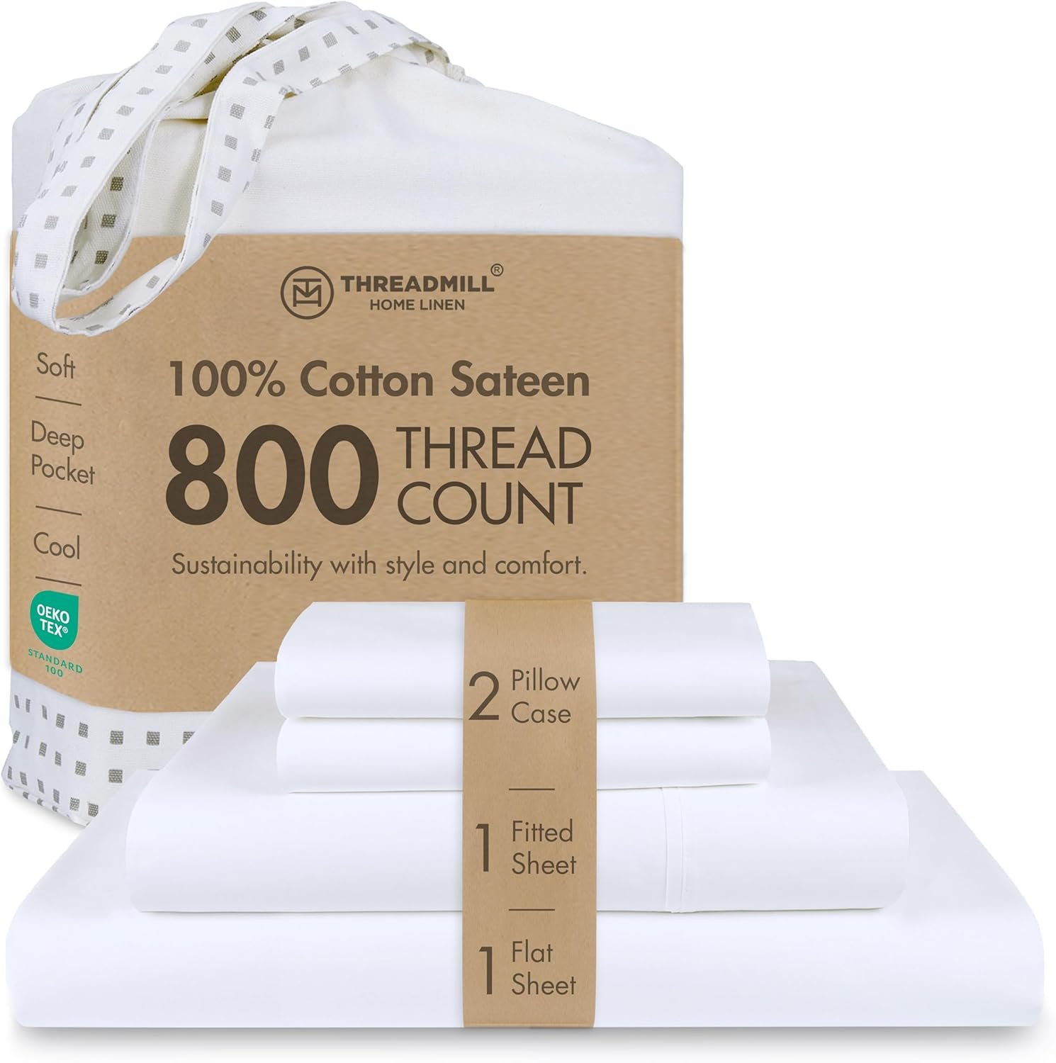 Threadmill Luxury Queen Sheet Set 800 Thread Count for Queen Size Bed – Hotel White Sateen Queen Bed Sheets, Better Than Egyptian Cotton,4 Pc Solid Soft Breathable Bed Set, Fits 16″ Deep Pocket