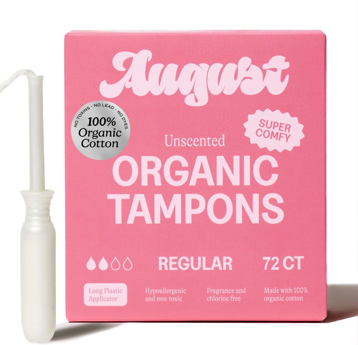 August Regular Tampons – 72-Pack 100% Organic Cotton Tampons for Women, Non-Toxic, Fragrance-Free, and Hypoallergenic with Long Applicators (3 Boxes of 24)