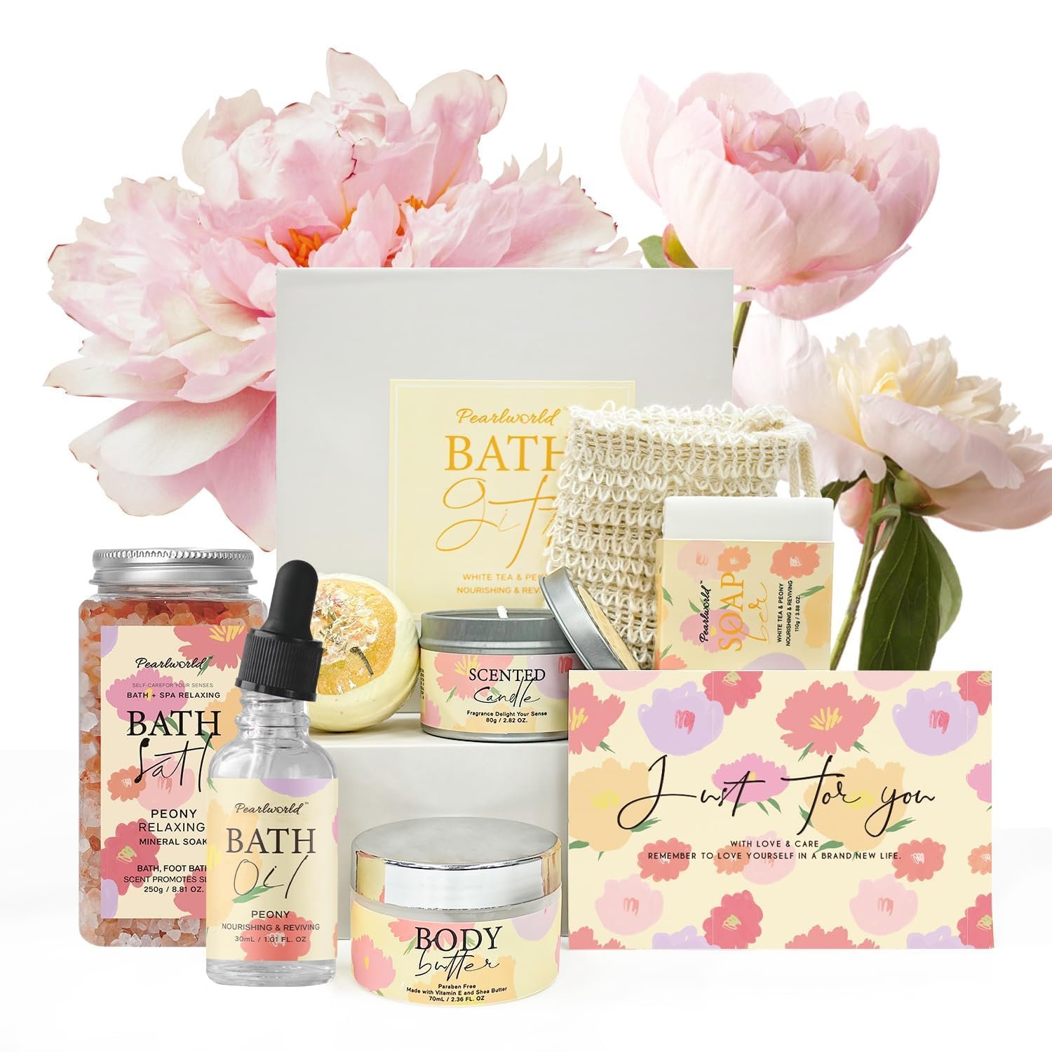 Peony Spa Gift Set for Women, Luxury 9 Pcs Bath Salts Set, Relaxation Gifts for Women, Self Care Set, Clean Moisturizing Skin, Gifts for Mom, Wife, Sister, Friend