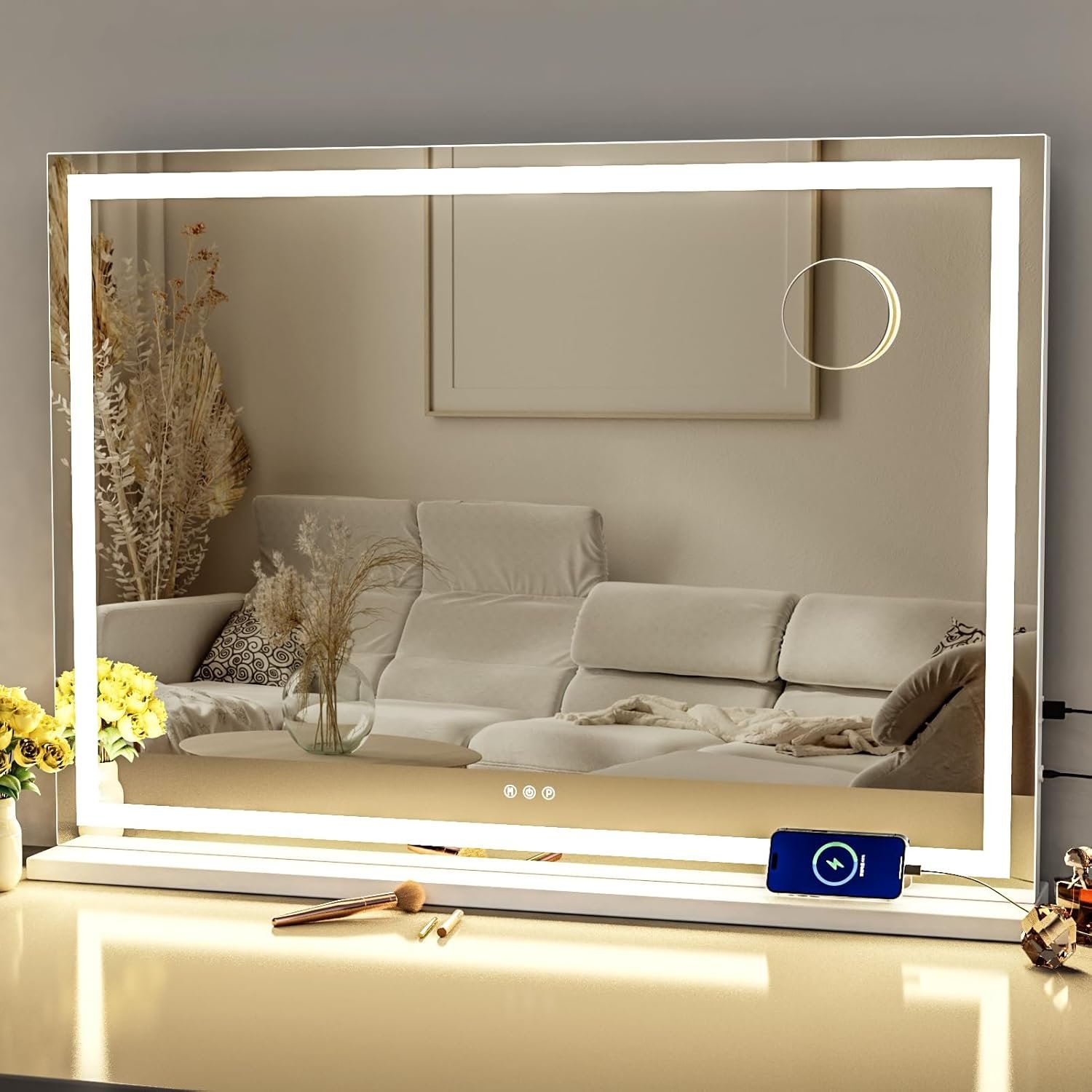 Gvnkvn Makeup Vanity Mirror with Lights 32″ x 24″ Large LED Makeup Mirror, Light up Mirror with 10X Magnification and USB Charging Port, Dimmable 3 Modes, Touch Screen Control Square Corner