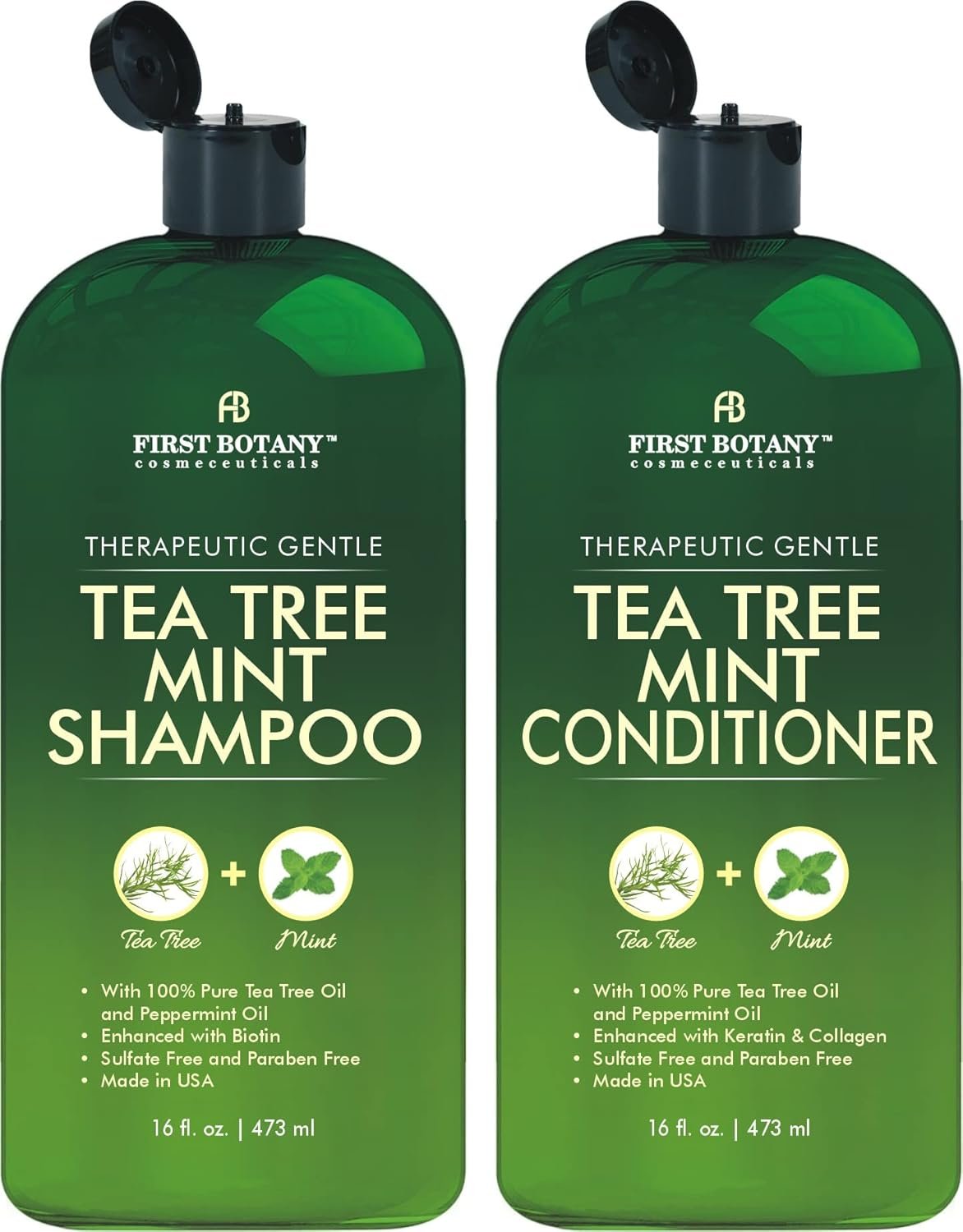 First Botany Tea Tree Mint Shampoo & Conditioner for Men & Women – Pure Tea Tree & Peppermint Oil – Fights Hair Loss, Dandruff, Lice & Itchy Scalp, Promotes Hair Growth – Sulfate Free – 16 Fl Oz x 2