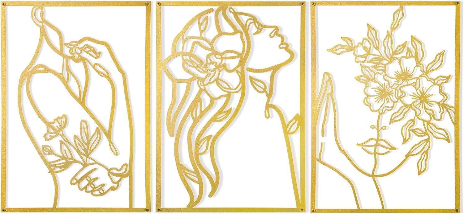 AGIOTA 3 Pcs Gold Wall Decor Above Bed Minimalist for Living Room Metal Line Art – Female Body, Gold Room Decor for Bedroom Modern Wall Art for Indoor 15inch