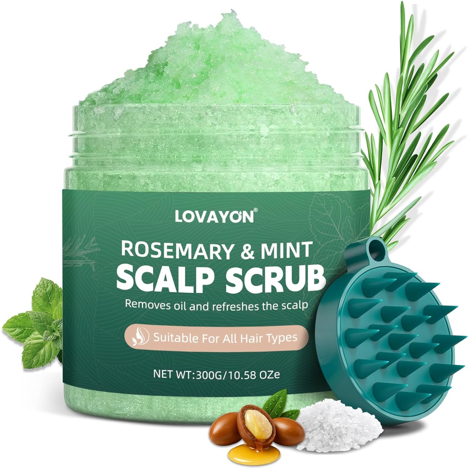 Rosemary Scalp Scrub & Exfoliator for Fuller Hair – Sea Salt & BHA Scalp Treatment with Silicone Massager Brush – Deep Cleanser for Oily Roots, 10.58oz