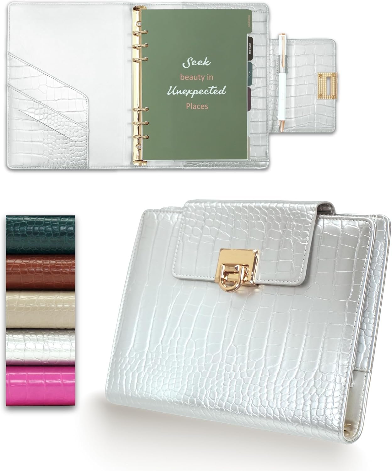 Croc-Embossed A5 PU Leather Planner 5.8″ x 8.3″, Refillable 6-Ring Binder with 80 Sheets, Dividers & Elegant Metal Ballpoint Pen – Elegant Organizer for Work & Everyday Use