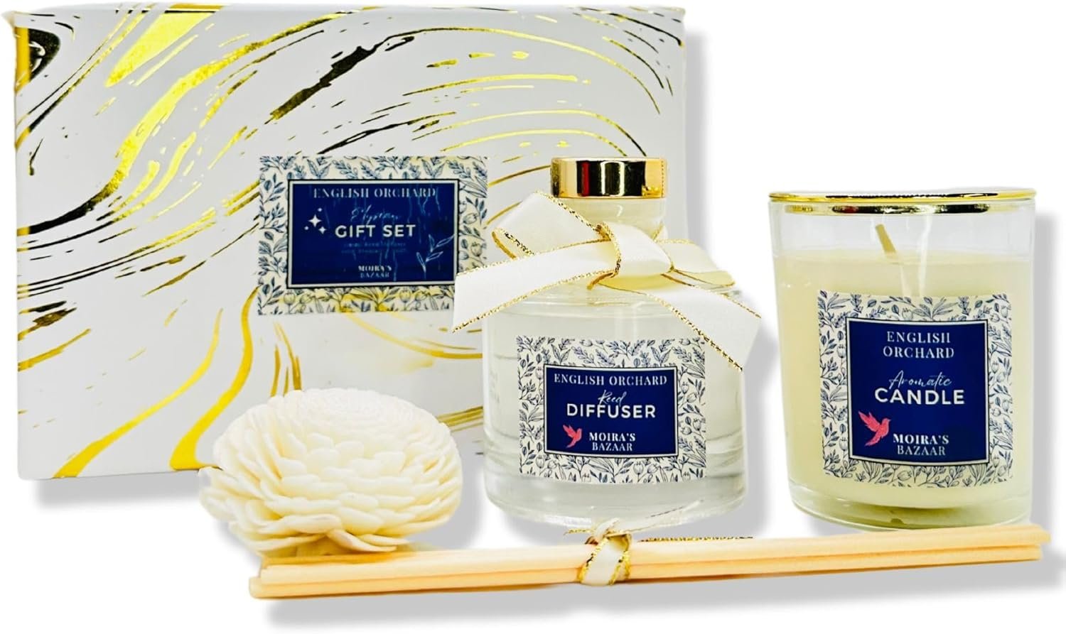 Moira’s Bazaar Elysian Essence Aromatherapy Gift Set – Luxury Candle and Flower Reed Diffuser – Perfect Scented Gift for Women, Sophisticated Scent, Home & Bath Decor (English Orchard)