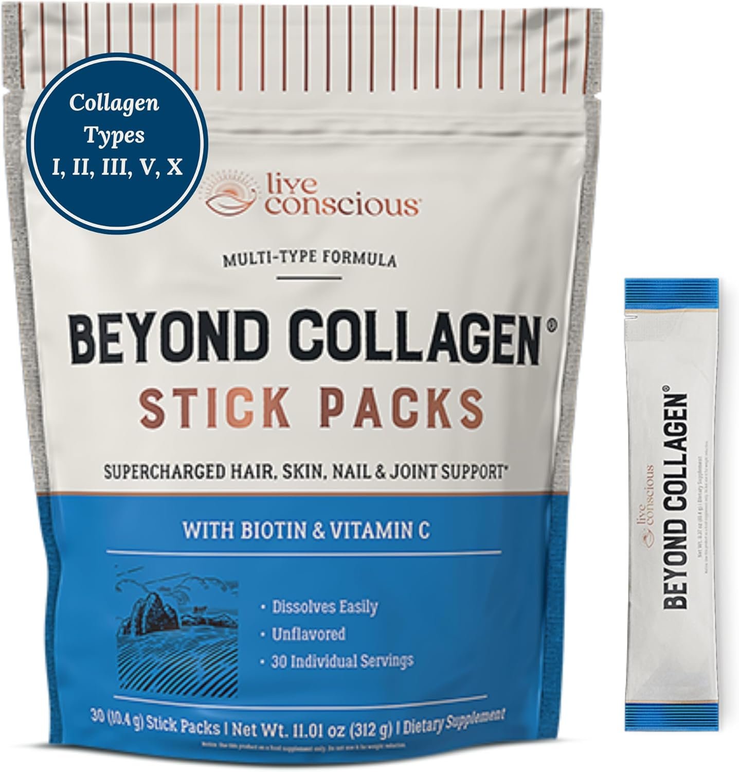 Live Conscious Beyond Collagen Peptides Powder Unflavored Packets – Hydrolyzed Collagen Powder – Hair Skin Nail & Joint Support – Multi Type Collagen Supplements for Women & Men