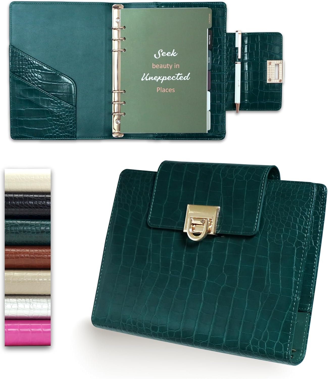 Croc-Embossed A5 PU Leather Planner 5.8″ x 8.3″, Refillable 6-Ring Binder with 80 Sheets, Dividers & Elegant Metal Ballpoint Pen – Elegant Organizer for Work & Everyday Use