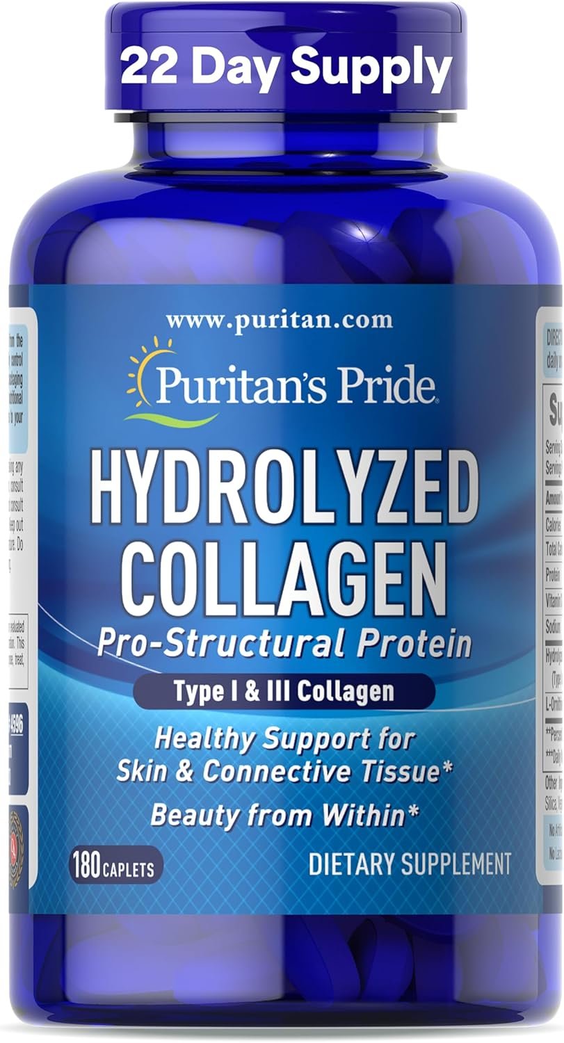 Puritan’s Pride Hydrolyzed Collagen Pro-Structural Protein for Men and Women 1000mg, Dietary Supplement for Skin, Bones and Joints, 180 Caplets