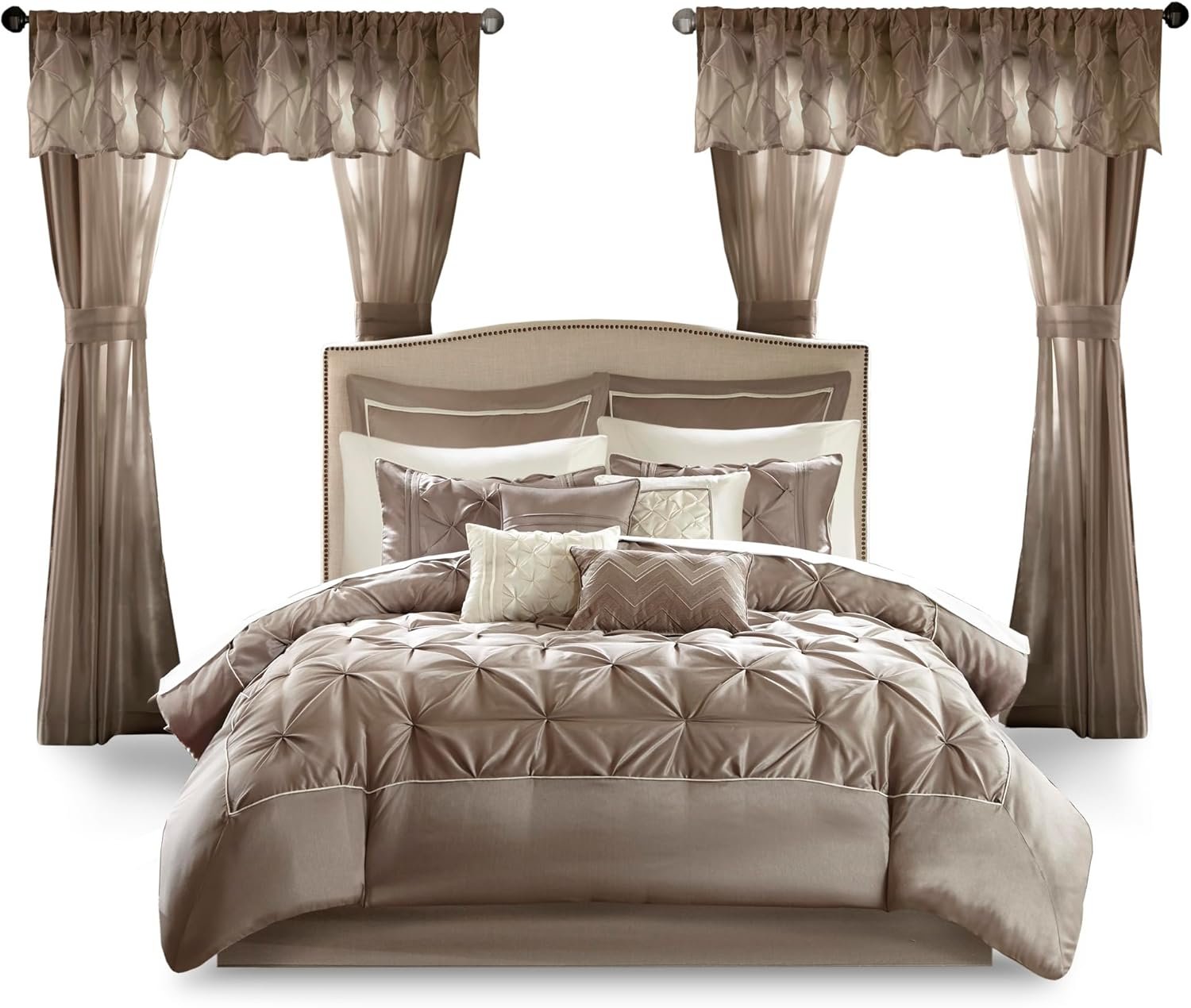 Madison Park Essentials Room in a Bag Faux Silk Comforter Set – Luxe Diamond Tufting All Season Bedding, Matching Curtains, Decorative Pillows, Taupe Queen(90″x90″) 24 Piece
