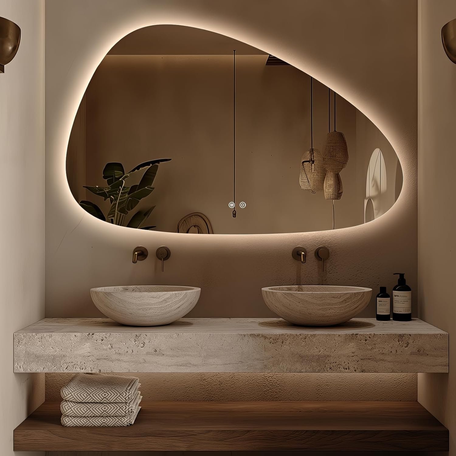 Niccy Irregular LED Bathroom Mirror, 30″x48″ Asymmetrical Backlit Vanity Wall Mirrors, Light up Mirrors for Bedroom, Living Room, Modern Smart-Mirror with Anti-Fog, Dimmable, Memory Function