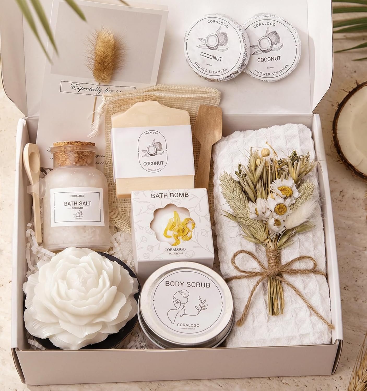 Coconut Spa Gifts for Women – 12pc Self-care Spa Gift Basket with Bath Salt, Greeting Card – Thinking of You Basket for Her Birthday, Christmas, Mother’s Day, Valentine’s Day