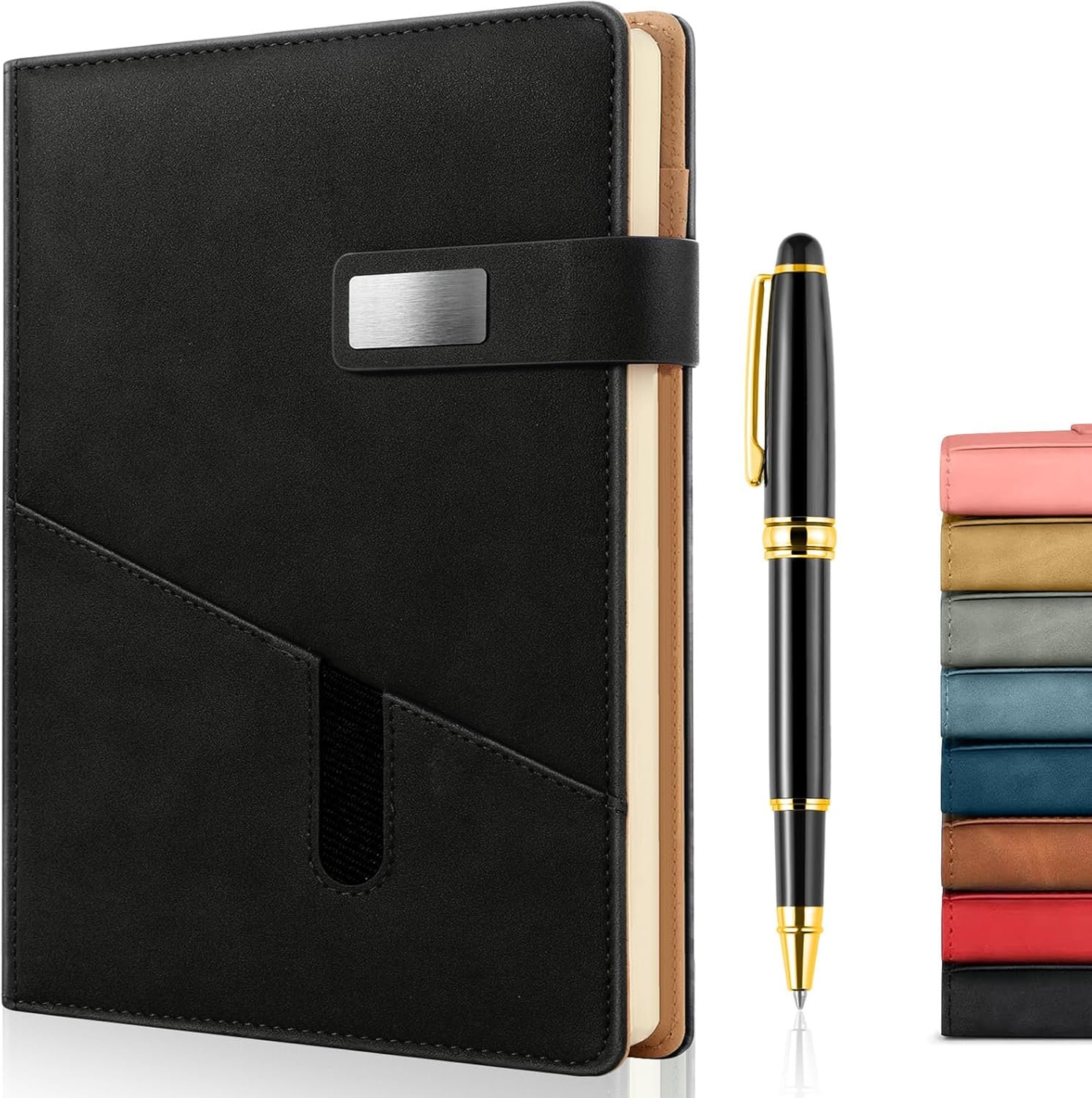 A5 Lined Leather Journal with Pen, 240 Pages Refillable Hardcover Notebook with Pocket and Magnetic Buckle, 80gsm Thick Daily Diary for Men and Women, Great Gift for Business Travel Personal – Black