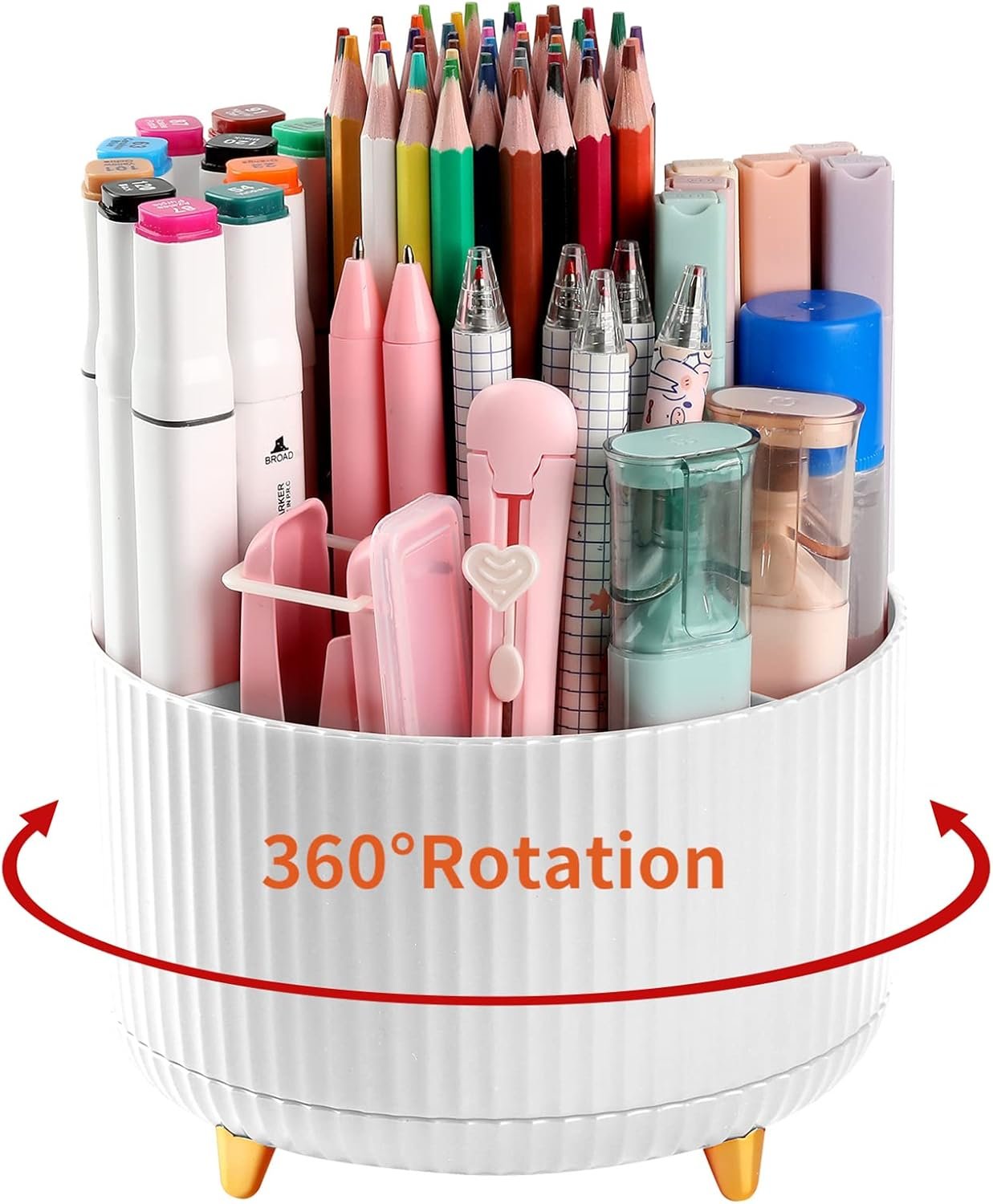 Desk Pencil Pen Holder, 5 Slots 360°Degree Rotating Pen Organizers for Desk, Desktop Storage Stationery Supplies Organizer, Cute Pencil Cup Pot for Office, School, Home, Art Supply, White
