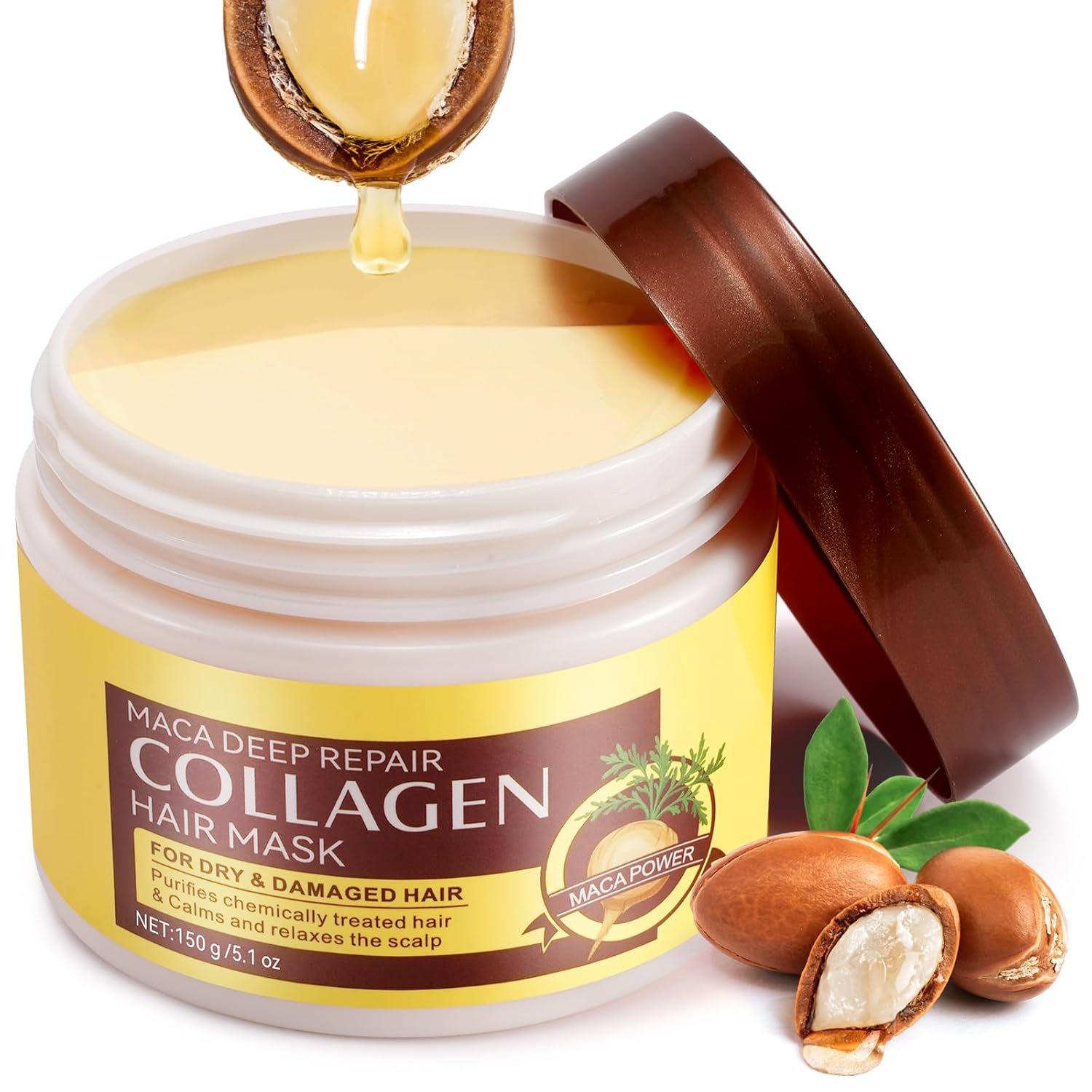 Collagen Hair Mask, Collagen Hair Treatment for Dry Damaged Hair, Deep Conditioning Hydrating Mask with Collagen, Moroccan Argan Oil, Maca Essence, Strengthen Hair & Enhance Flexibility 150ml