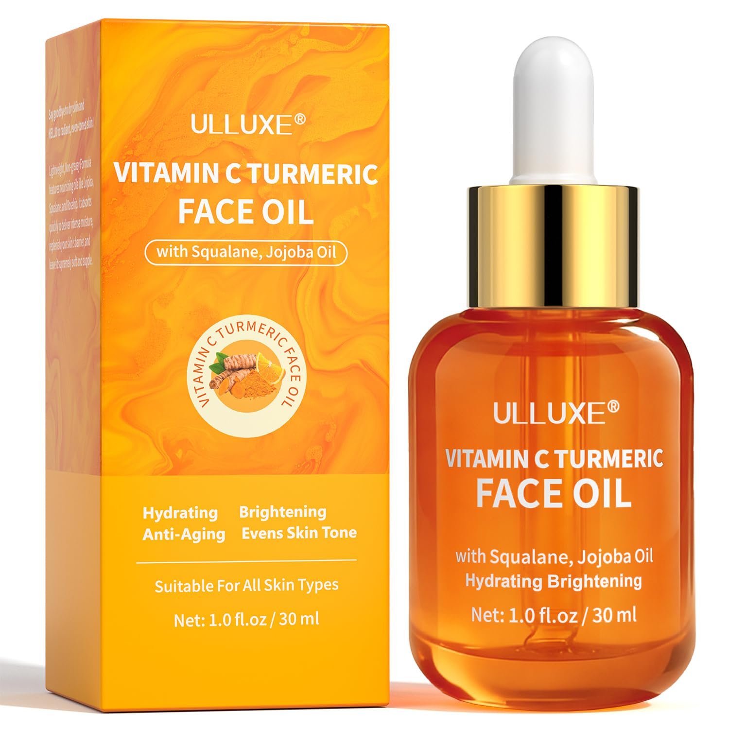 Vitamin C Turmeric Face Oil, Brightening & Hydrating Facial Oil, Nourishing & Anti-Aging with Jojoba Oil & Squalane for Dark Spots, Dry Skin, Wrinkles & Uneven Skin Tone, for All Skin Types, 1 Fl Oz