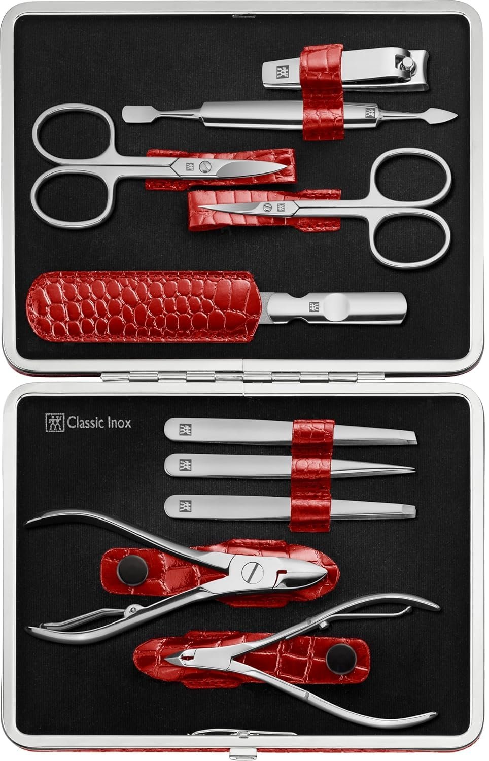 ZWILLING Beauty TWINOX 11-Piece Manicure and Pedicure Crocodile Pattern Cowhide Leather Case with Zip Closure, Nail Care Kit, Premium Travel Nail Set, Matte, Red