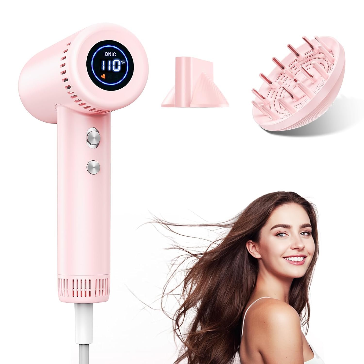 Hair Dryer – 160,000 RPM Ionic Blow Dryer – High Speed Fast Drying Professional Hairdryer for Smooth, 9 Temps Set for Women, 500 Million Negative Ions, Lightweight 0.8lb for Travel, Auto Clean
