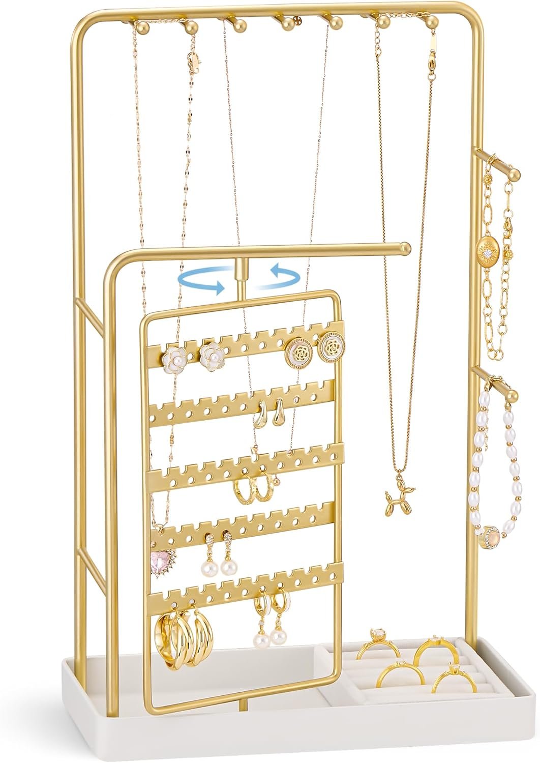 ProCase Jewelry Stand Holder Organizer, Jewelry Display Storage with Ring Tray, Rotating Earring Bracelet Necklace Holder, Valentine’s Gifts Room Dorm Decor for Teen Girls -Gold (No-Assembly)