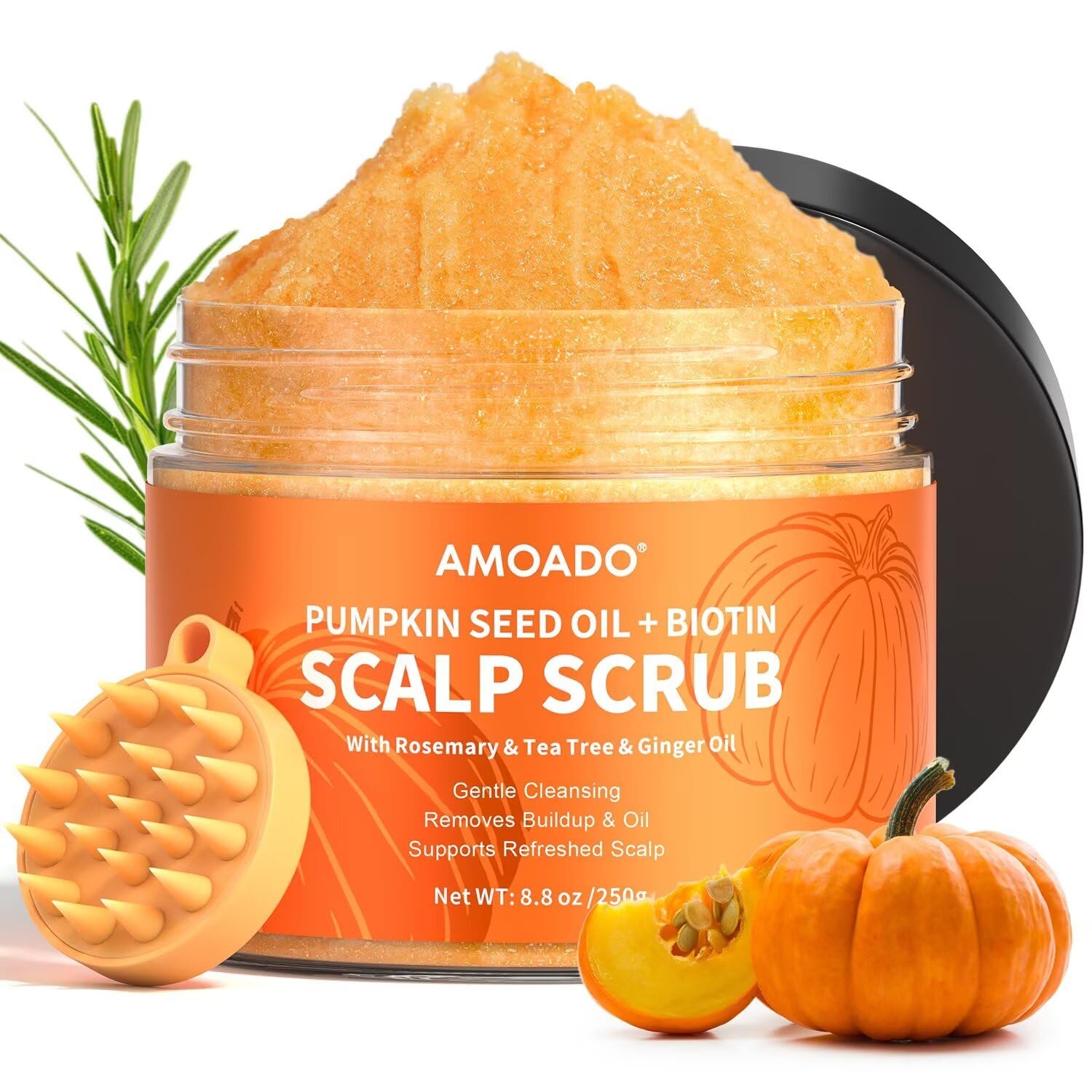 AMOADO Scalp Scrub, Pumpkin Seed Oil Scalp Exfoliator With Biotin & Rosemary, Sulfate Free Scalp Detox for Itchy Scalp & Dandruff & Buildup Removal & Hair Growth, Hair Scrub with Scrubber