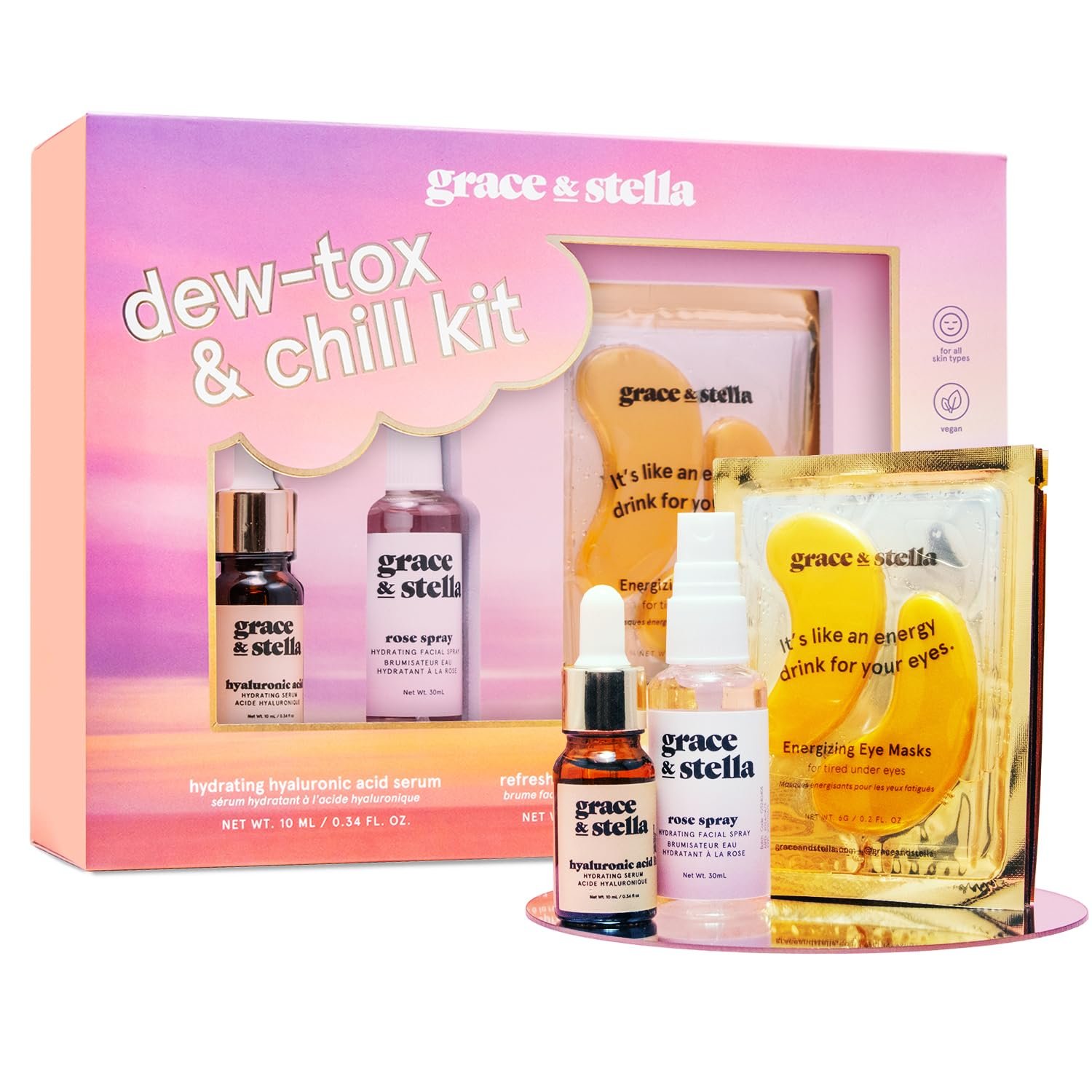 grace & stella Award-Winning Skin Care Set – Gifts for Women – Travel Essentials with Gold Eye Masks, Hyaluronic Acid Serum & Rose Spray, Beauty Gift Set – Birthday & Bachelorette Favors