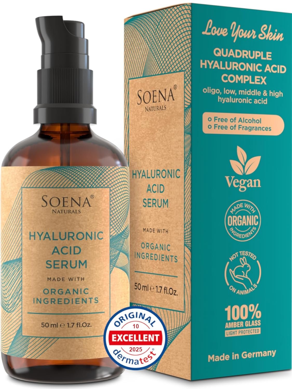 Organic Hyaluronic Acid Serum for Face | Best Hyaluronic Acid (Oligo) + 4 Hyaluronic Sizes – Highly Dosed | Hydrating Serum – Aging-Aging Moisturizer – Fragrance-Free | Made in Germany