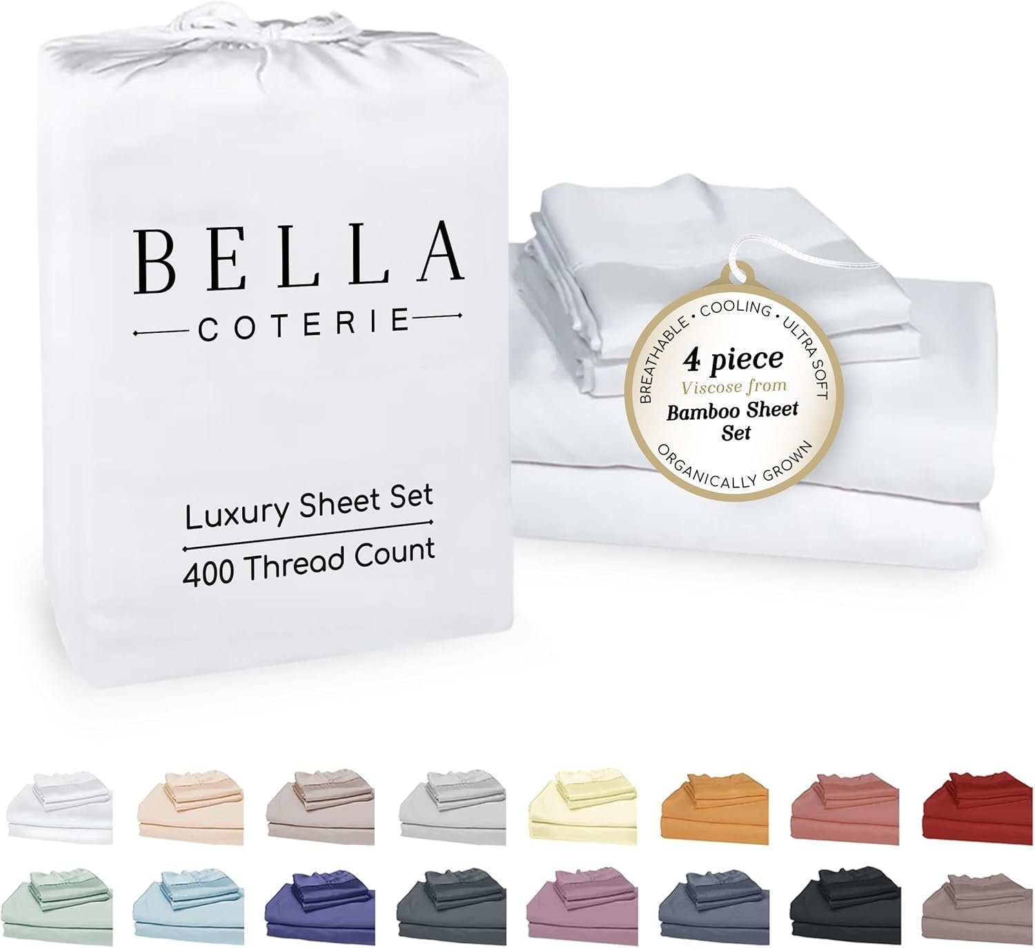 Bella Coterie Luxury Bamboo Viscose Queen Size Sheet Set | 100% Organically Grown | Ultra Soft | Cooling for Hot Sleepers | 18″ Deep Pocket [White]