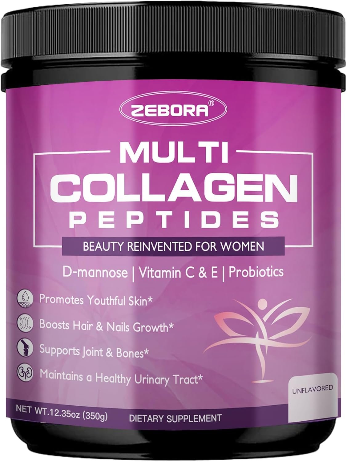 ZEBORA Multi Collagen Peptides Powder for Women – Hydrolyzed Collagen Peptides with D-Mannose & Women’s Probiotics – Supports Skin, Hair, Nails, and Urinary Tract Health, Unflavored, 35 Servings