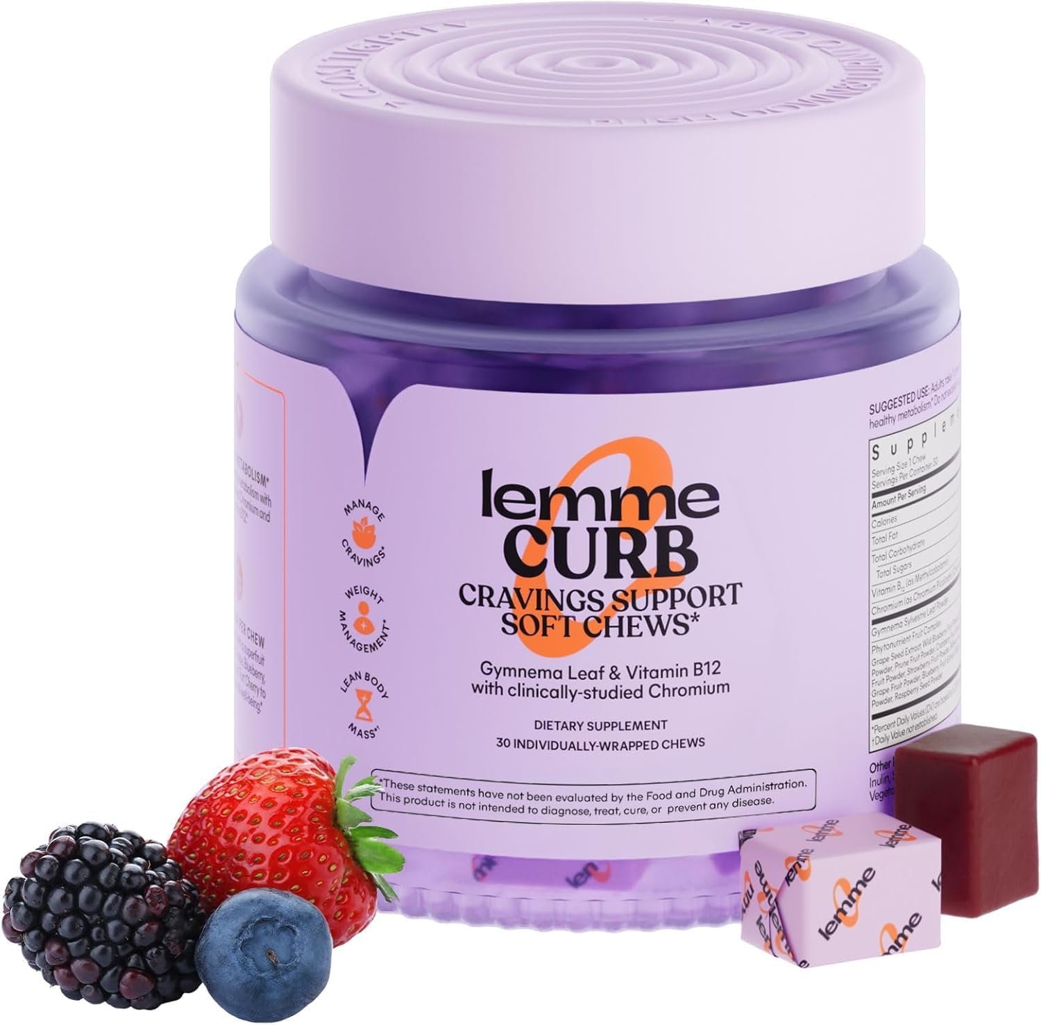 Lemme Curb Cravings Soft Chews – Manage Appetite, Support Metabolism & Lean Body w/Clinically Studied Chromium, Gymnema & B12 for Healthy Weight Management, Mixed Berry