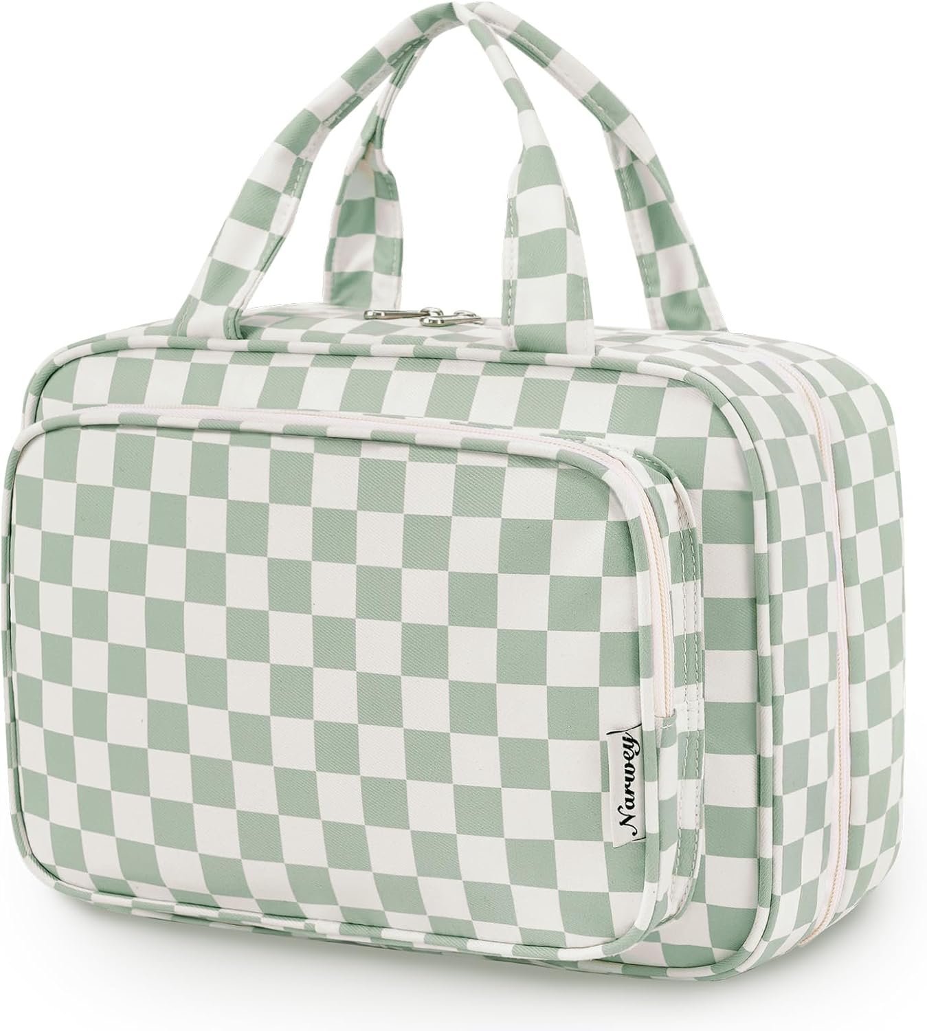 Narwey Travel Toiletry Bag for Women Large Capacity, Hanging Makeup Bag Organizer Toiletries Bag for Full Size Essentials, Accessories, Brushes, Cosmetics (Mint Green Checkerboard (Large))