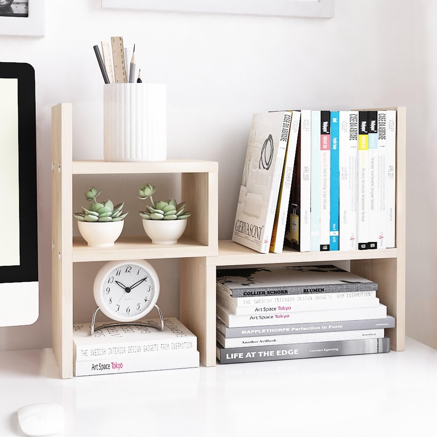 Jerry & Maggie Desktop Organizer Office Storage Rack Adjustable Wood Display Shelf, White, 5 Units, 16″L x 15.8″H x 6.8″W