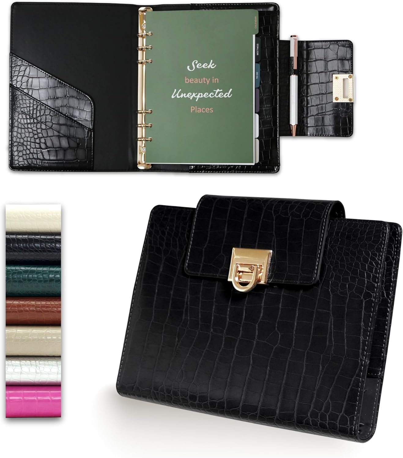 Croc-Embossed A5 PU Leather Planner 5.8″ x 8.3″, Refillable 6-Ring Binder with 80 Sheets, Dividers & Elegant Metal Ballpoint Pen – Professional Organizer for Work & Everyday Use