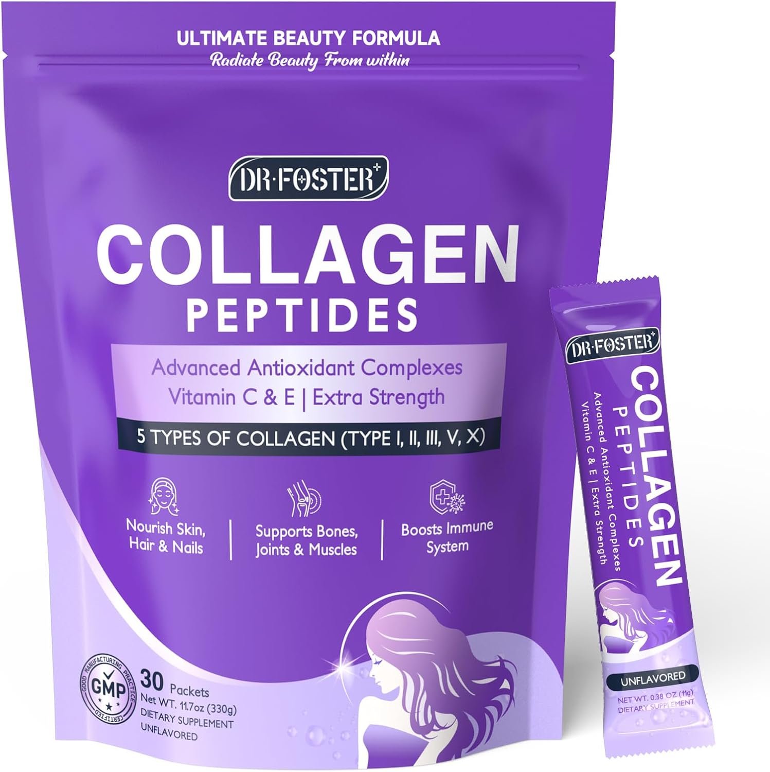 DRFOSTER Collagen-Peptides-Powder-Packets – Multi Type I II III V X Collagen for Women with Antioxidant Blend + Vitamin C & E for Skin, Hair, Nail & Joint, Non-GMO, 30 Stick Packs