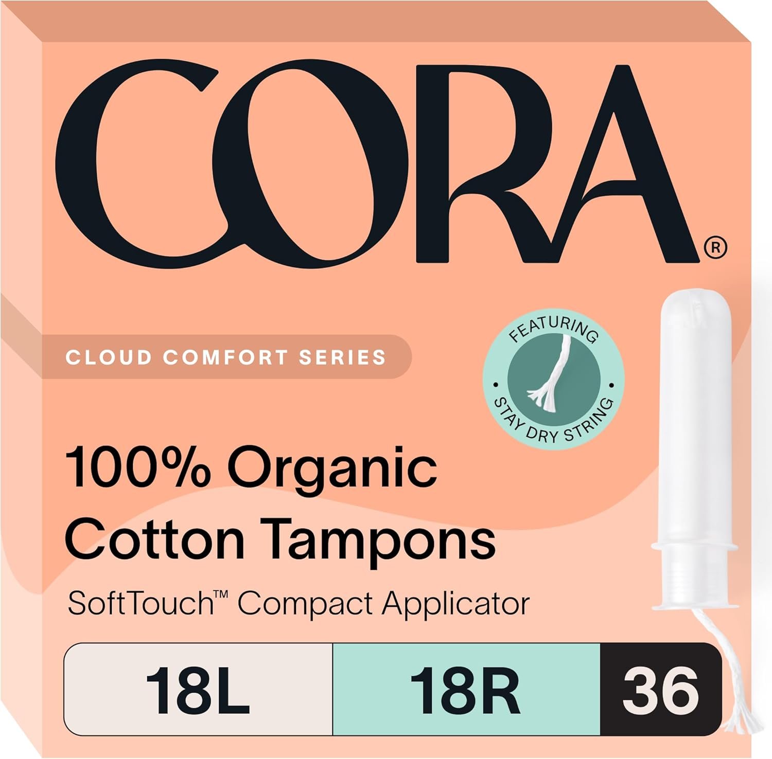Cora Organic Cotton Tampons Multipack (18 Light, 18 Regular Tampons)