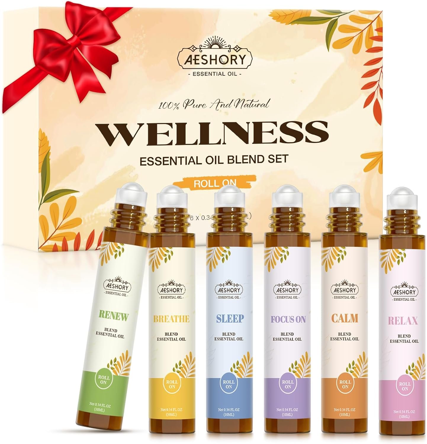 Essential Oils Roll On Set,Gifts for Mom & Wife (Calm, Relax, Breathe, Focus on, Sleep, Renew), Natural Aromatherapy Oil Blend Kit with Roller Ball for Massage, Body Skin Care, Relaxation Gift