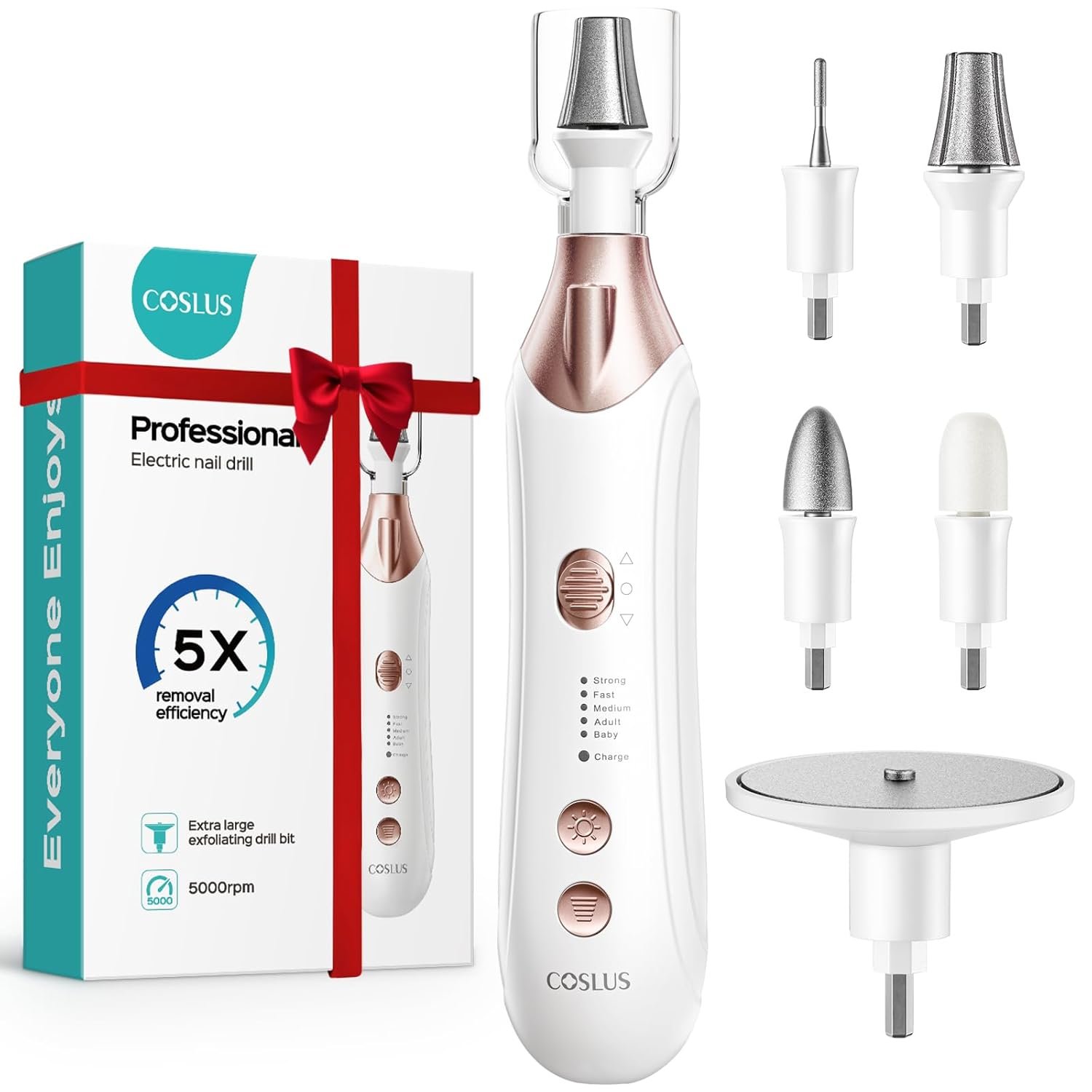 COSLUS C43 Professional Manicure Pedicure Kit, 5-in-1 Electric Nail File for Toenail Hand Feet Care – Wider Grinder for Thick Nails, Cordless, 5 Speed, for Men Women Seniors Home Salon, White (END10)