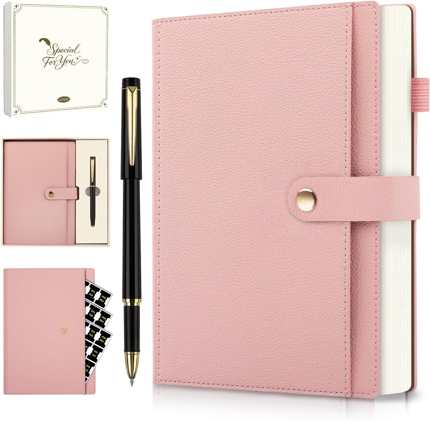 A5 Lined Leather Journal Notebook, Hardcover Journal Set with Pen, Monthly Index Tabs and Gift Box, 320 Pages 100GSM Thick Paper, Thick Daily Diary, Journal for Women, Men, School, Travel, Work(Pink)