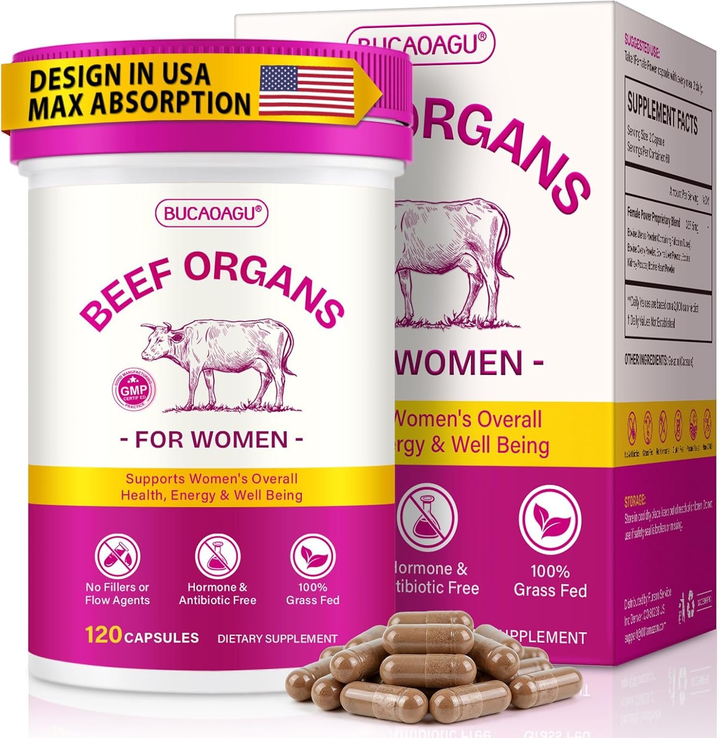 Beef Organ Supplement for Women – Grass-Fed Beef Liver, Kidney, Heart, Uterus, Ovary – Supports Female Energy & Hormone Balance – Pasture Raised in New Zealand – Iron, B12 & CoQ10 – 120 Capsules