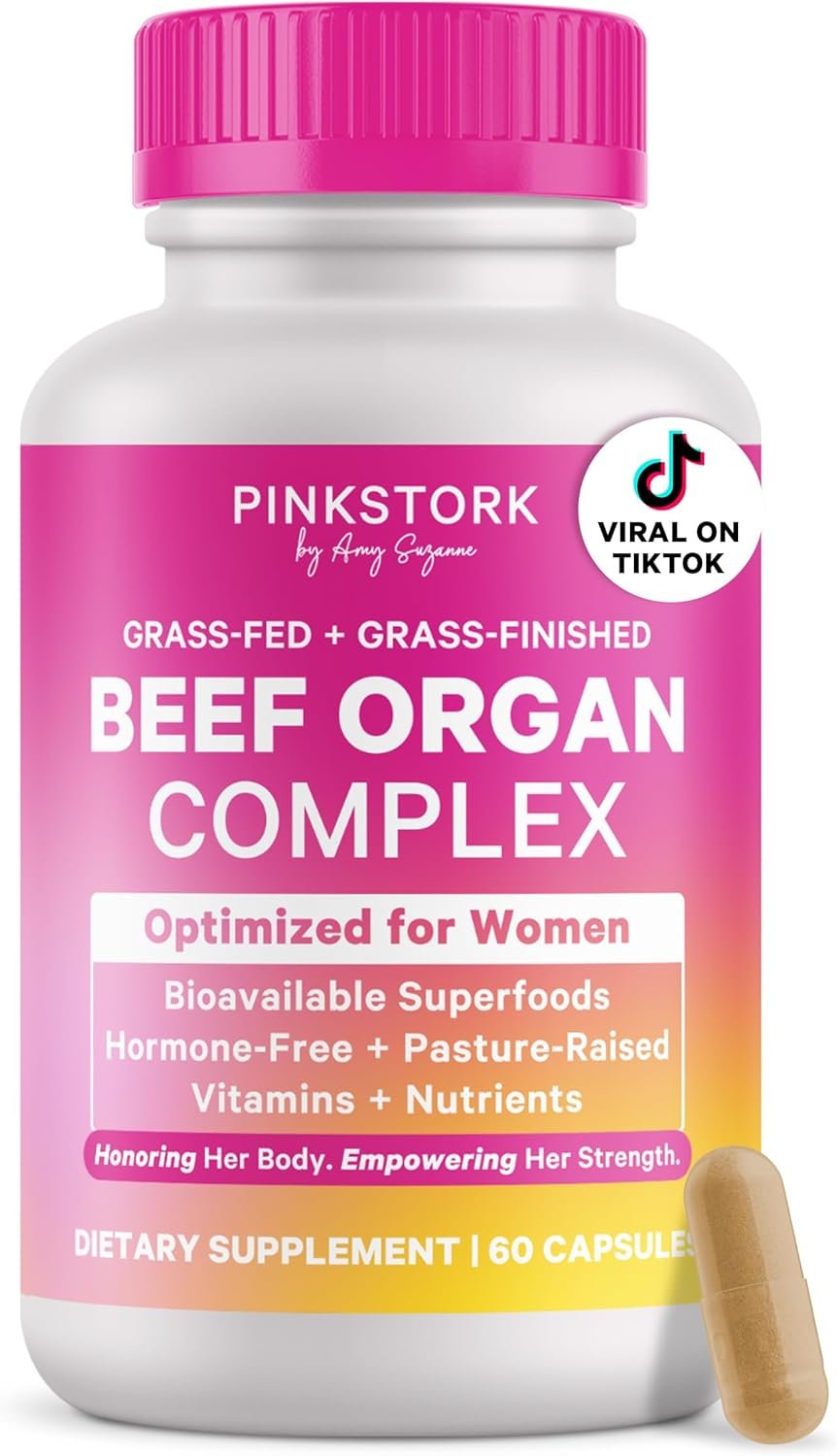 Pink Stork Beef Organ Supplement for Women | Grass-Fed Beef Liver Capsules with Iron, B12, CoQ10, Vitamin A | Primal Multivitamin for Hormone + Energy Support | Clean Label Award Winner | 60 Capsules