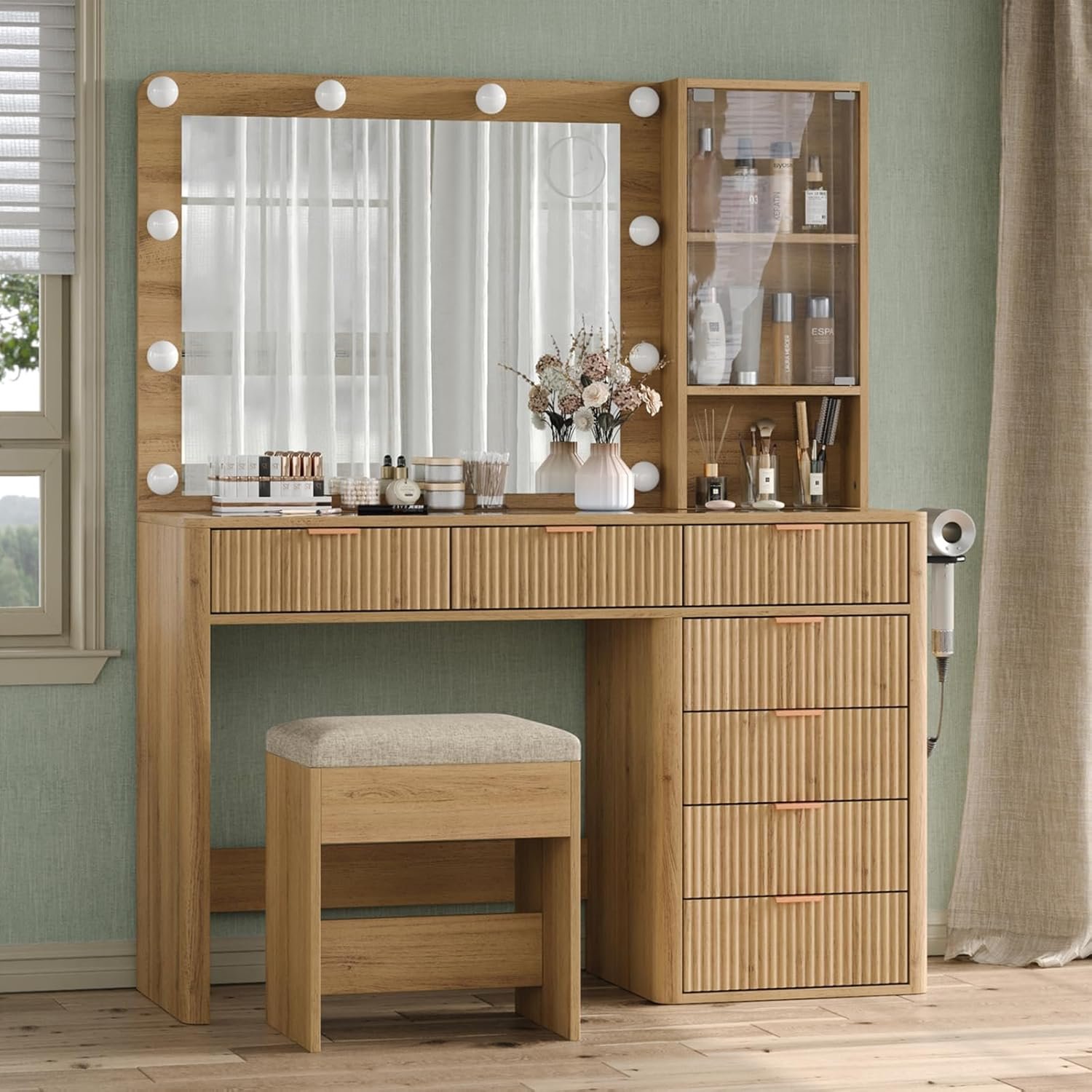 Yanosaku 47″ Fluted Vanity Desk with Mirror & LED Lights, 7-Drawer Makeup Vanity with Glass Top & Cabinet, Vanity with Chair & Charging Station, 3 Lighting Modes, for Bedroom, Natural Oak