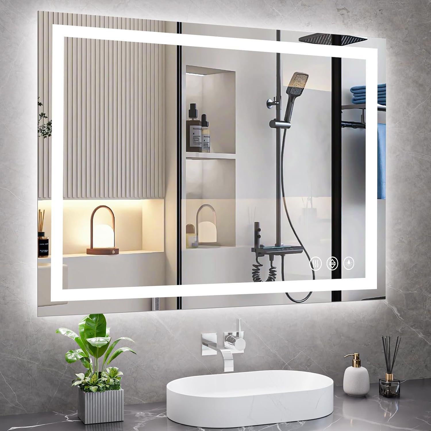 Koonmi 36×48 LED Bathroom Mirror, Backlit + Front Lit, LED Bathroom Mirror with Lights for Wall, 3 Colors, Anti-Fog, Dimmable Brightness, Memory Function, Tempered Glass