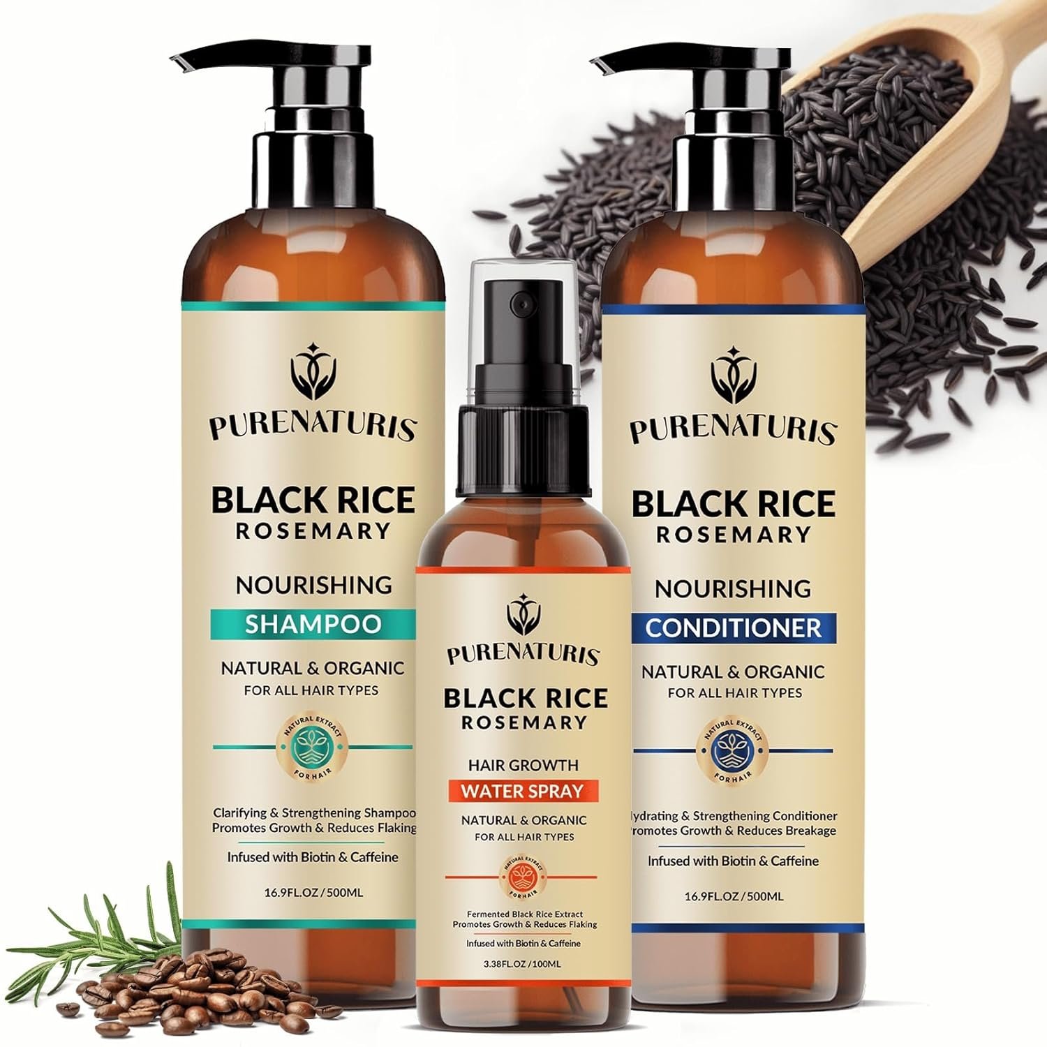 PureNaturis Organic Rosemary Black Rice Water Shampoo Conditioner Set for Hair Growth, Rice Water Spray, w/Rosemary Water, Biotin, Caffeine, Routine Shampoo for Women Men Hair Loss Thickening, Longer