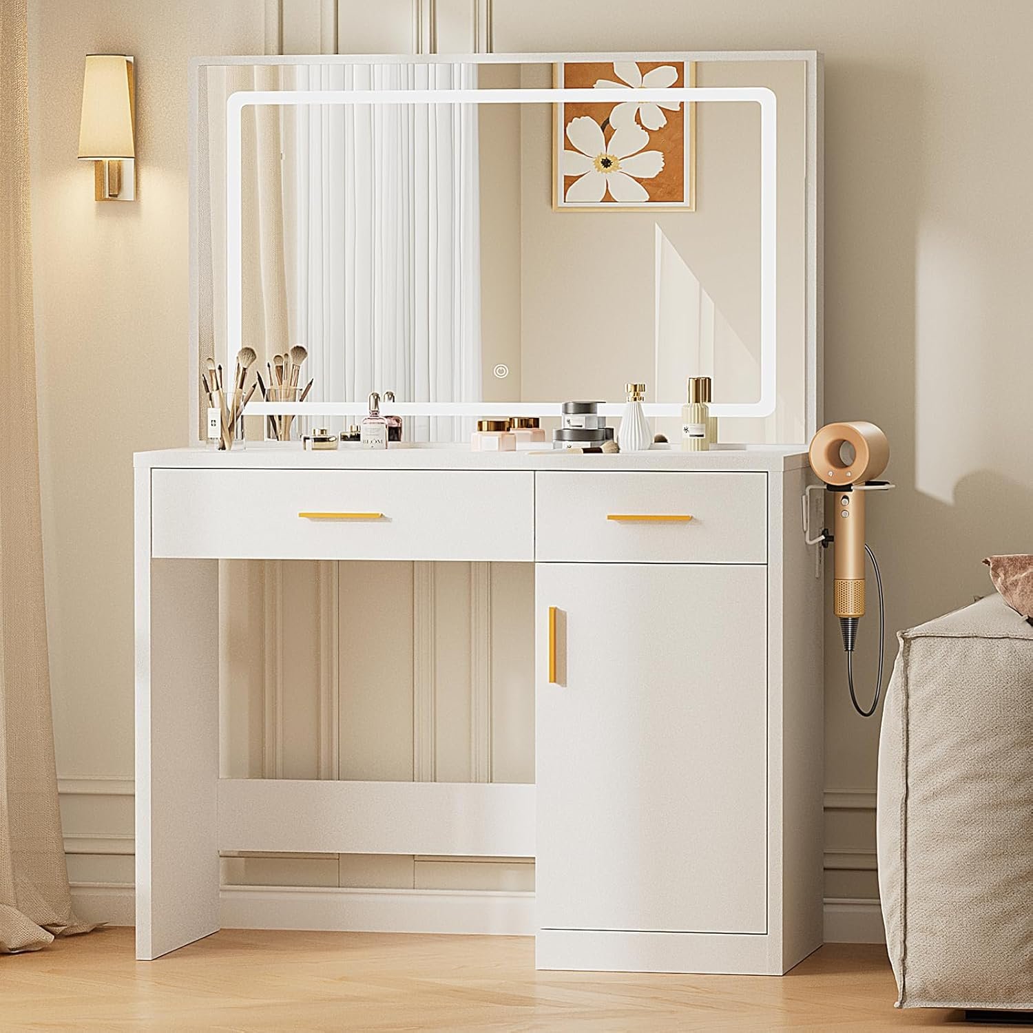 Sweetcrispy Vanity Desk with 35.4″ LED Mirror and Lights, Makeup Vanity Table with Charging Station (2AC/USB/C), 2 Drawers & Large Cabinet, 3 Lighting Color Adjustable, Modern Dressing Table, White
