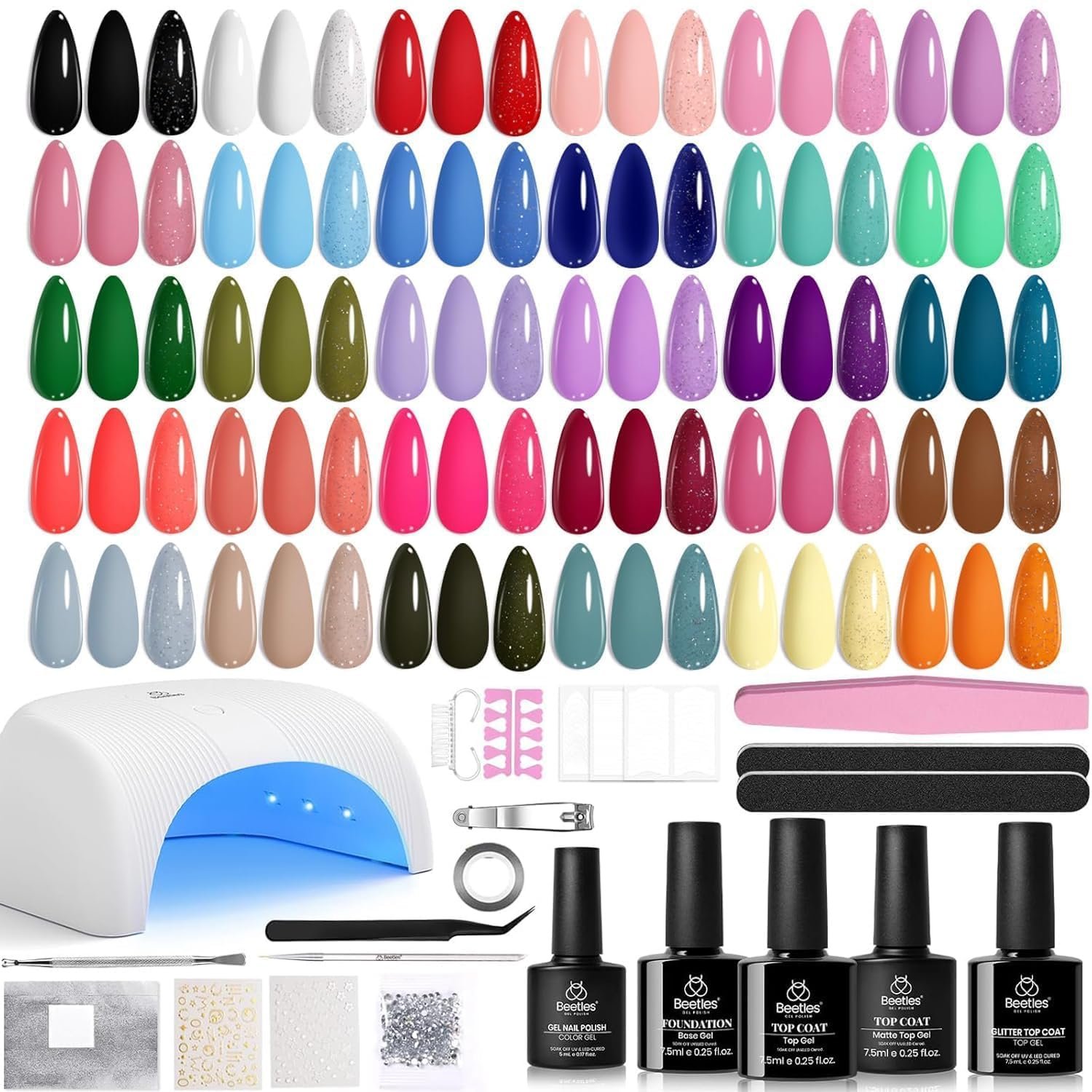 Beetles Gel Nail Polish Kit with U V Light -54 Pcs Gel Nail Kit Four Seasons Glow 32 Colors Set with Everything Base Top Coat Soak Off at Home Nail Kit Salon Manicure Beginner Gifts for Women Girls