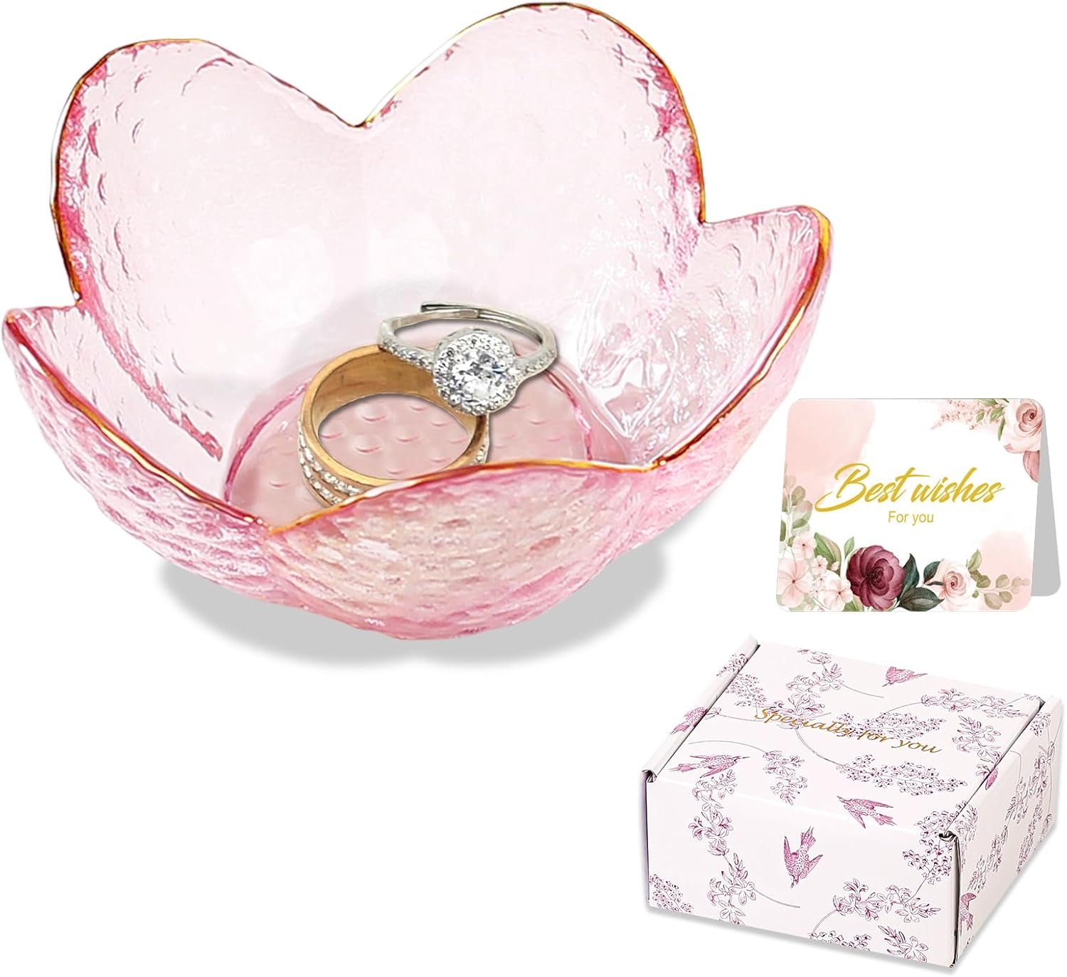 Gifts for Women Pink Flower Ring Dish Glass Jewelry Dish Jewelry Tray Cute Vanity Organizer Room Decor Aesthetic Nightstand Bathroom Decor Trinket Dish Ring Holder Dish Jewellery Tray Valentine’s Gift