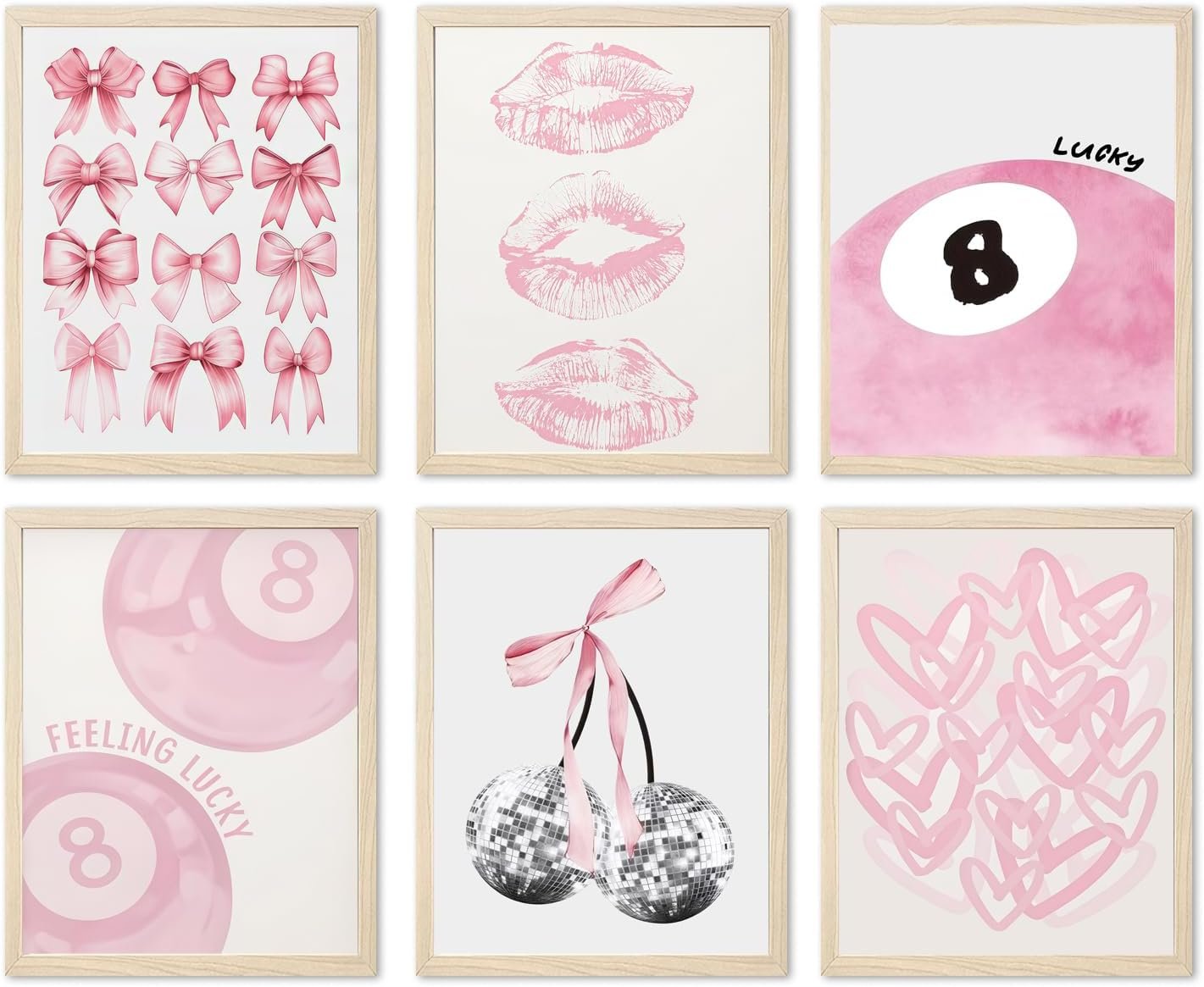 Cute Pink Girl Poster Set of 6, Light Pink Coquette Wall Art Trendy Lucky 8 Ball Wall Decor Paintings Pastel College Apartment Bedroom Living Room Dorm 8×10 inch Unframed