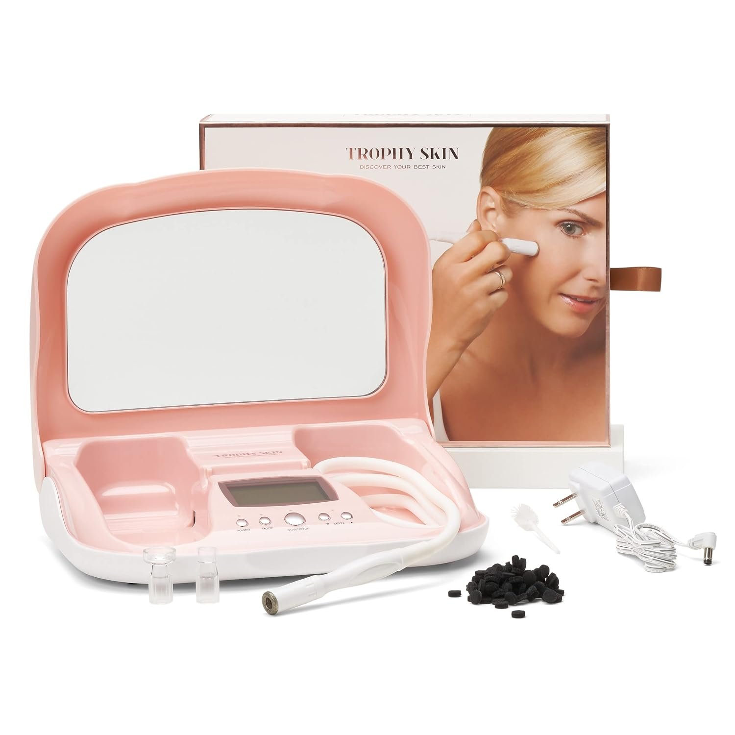 Trophy Skin MicrodermMD – At Home Microdermabrasion Kit – Anti Aging and Acne Treatment – Contains Real Diamond and Pore Extractor Tips to Rejuvenate Skin and Reduce Acne Scars – Blush