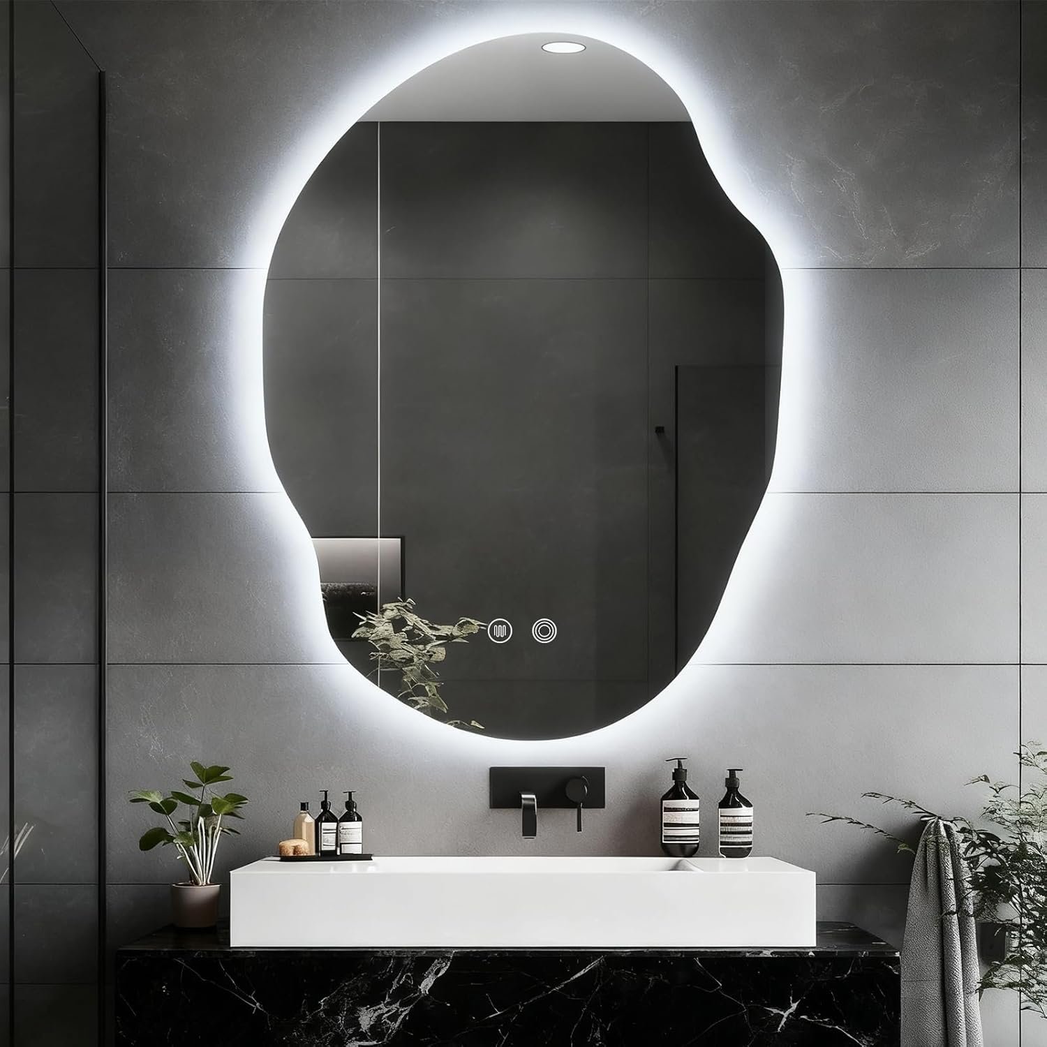 Asymmetrical Bathroom Mirror with Lights,Irregular LED Bathroom Vanity Mirror with Backlit,Anti-Fog,3 Colors and Dimmable Light with Memory,Hardwired Supported[Horizontal/Vertical] 30″ H x 22″ W