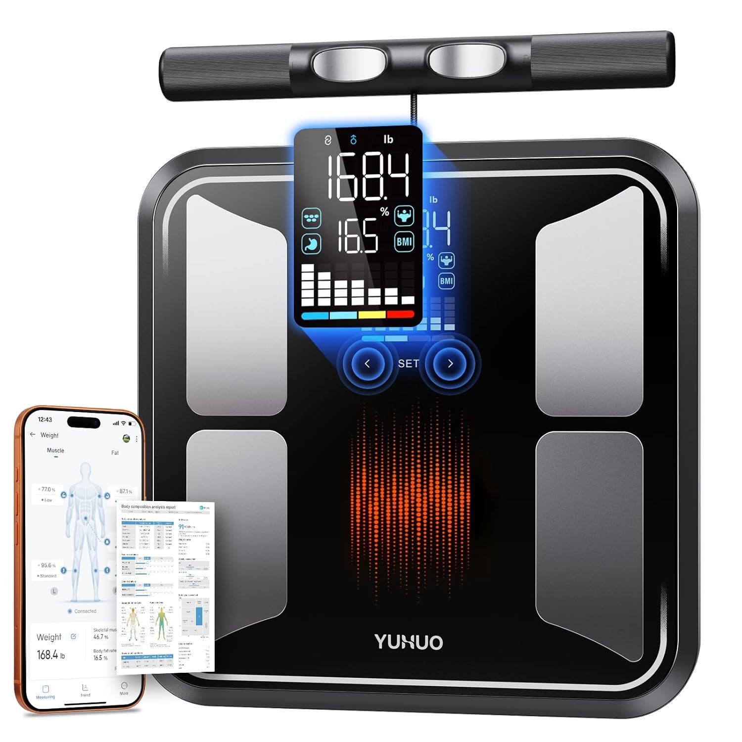 YUHUO 8-Electrode Smart Scale, Dual-Frequency BIA Body Composition Analyzer with Handle, Segmental Muscle & Fat Analysis, 28 Metrics App, FSA&HSA Eligible Digital Bathroom Scale, 400lb