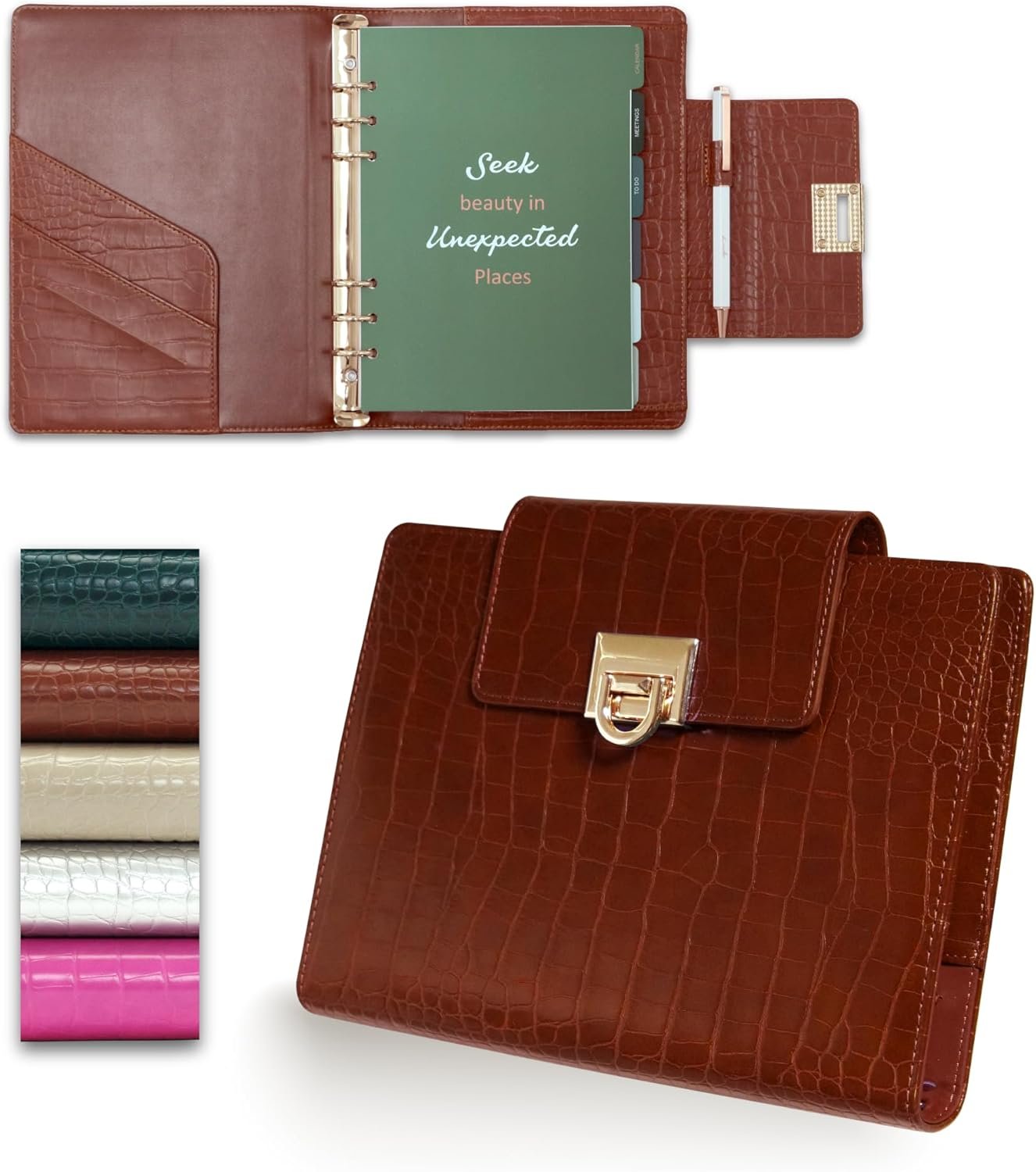 Croc-Embossed A5 PU Leather Planner 5.8″ x 8.3″, Refillable 6-Ring Binder with 80 Sheets, Dividers & Elegant Metal Ballpoint Pen – Elegant Organizer for Work & Everyday Use