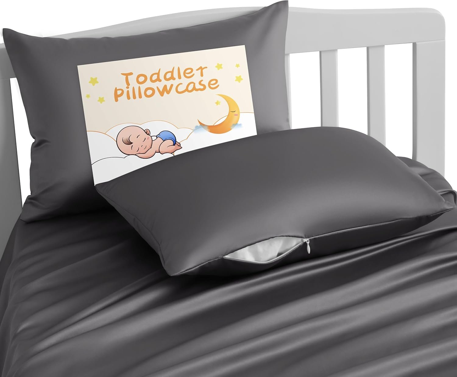 NTBAY Zippered Silk Satin Toddler Pillowcases – 2 Pack Hidden Zipper 13×18 Pillowcases – Luxury and Silky Baby Travel Pillow Covers, Dark Grey